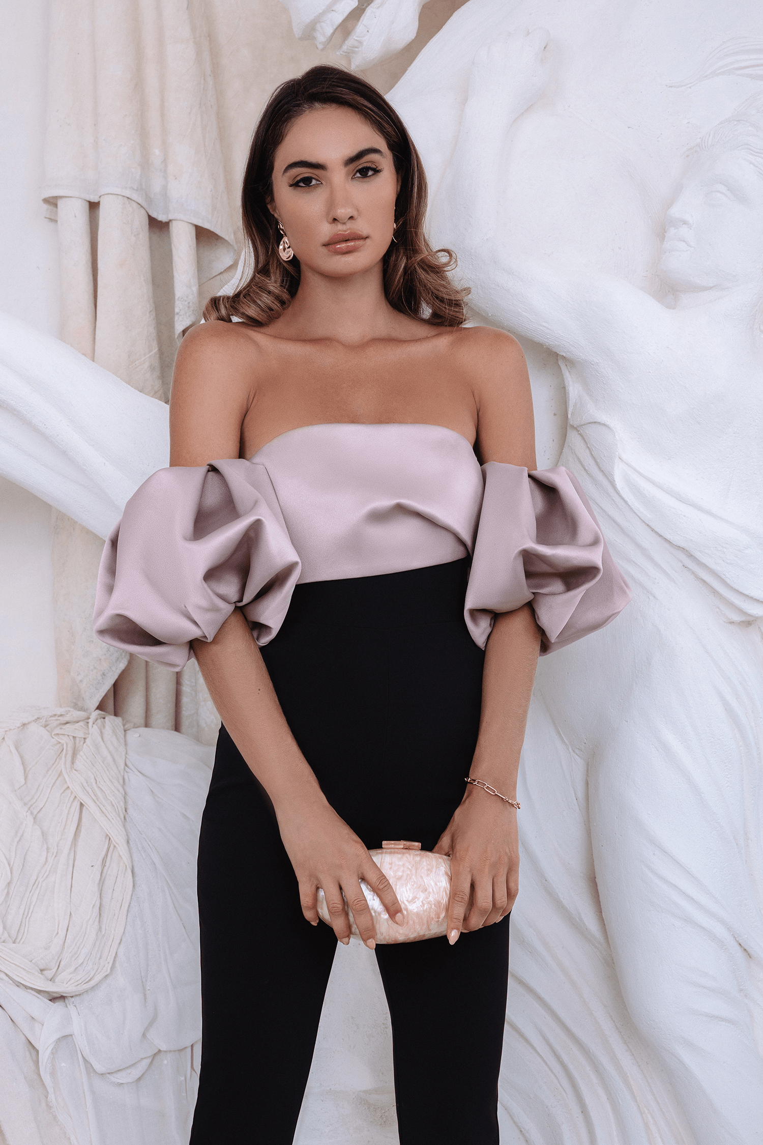 VESPER Contrast Puff Sleeve Satin Bardot Jumpsuit in Black