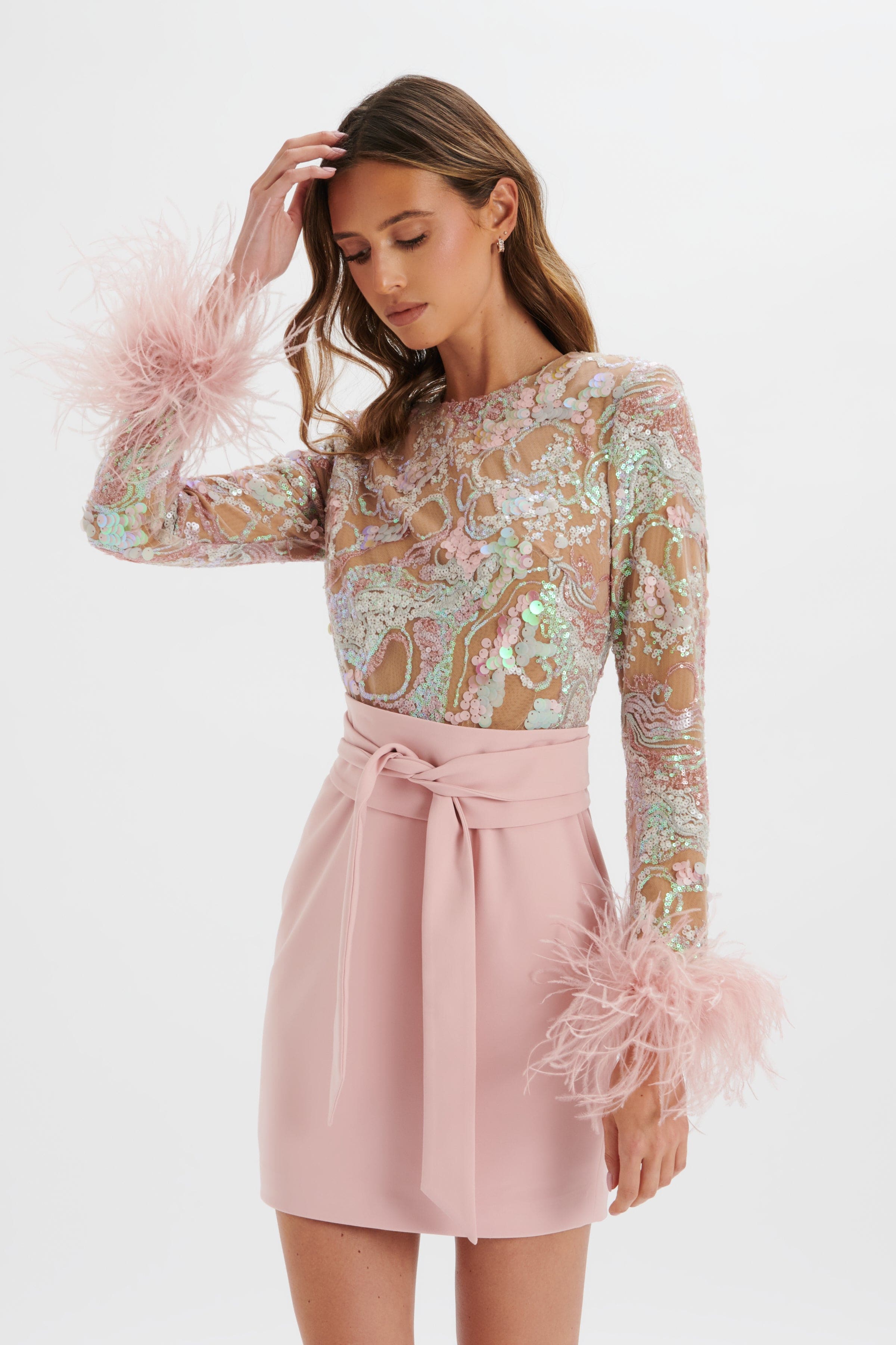 MEDINA Embellished Feather Cuff Mini Dress in Pink