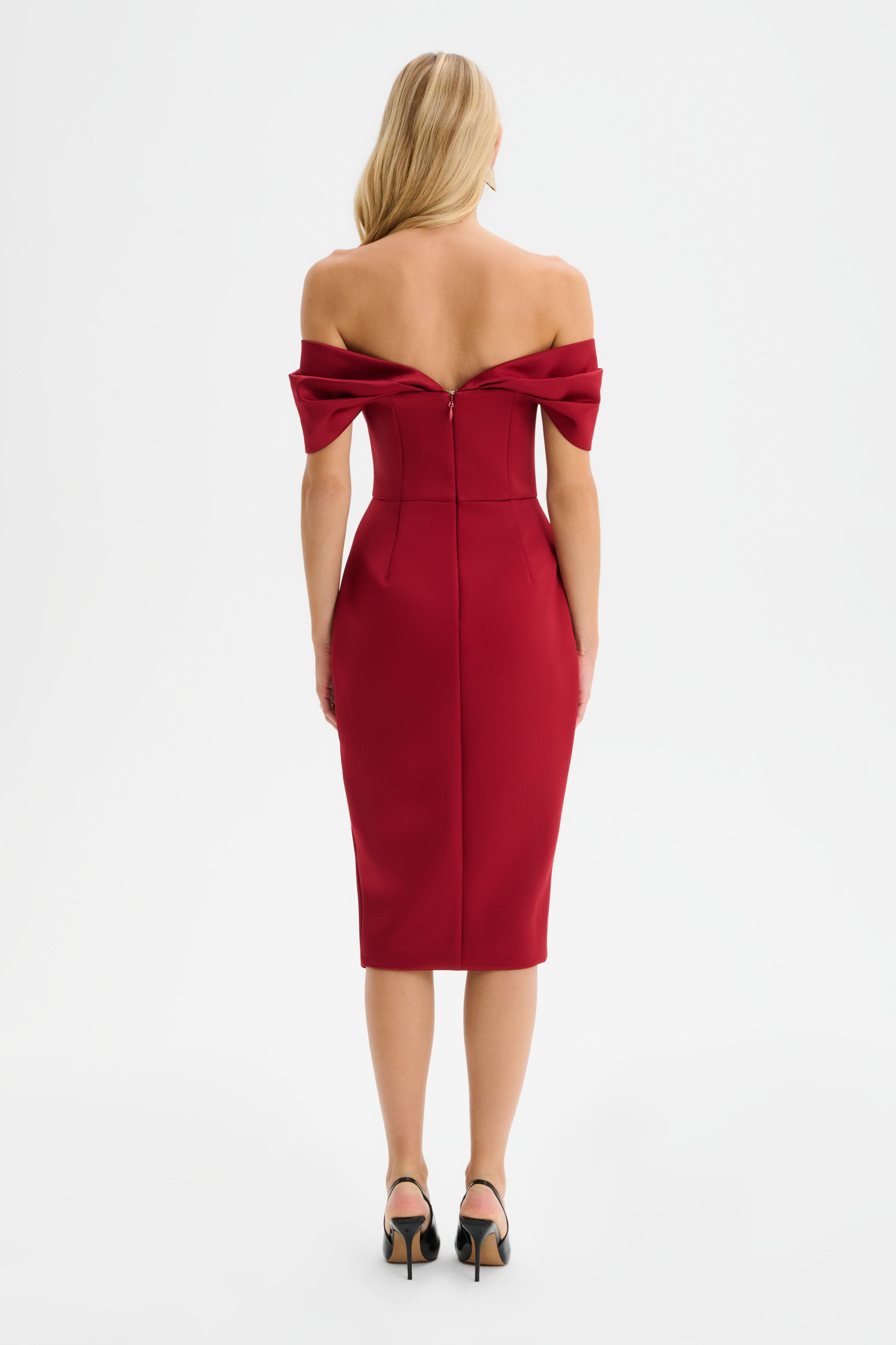 HARLEEN Draped Bardot Bonded Satin Midi Dress in Burgundy