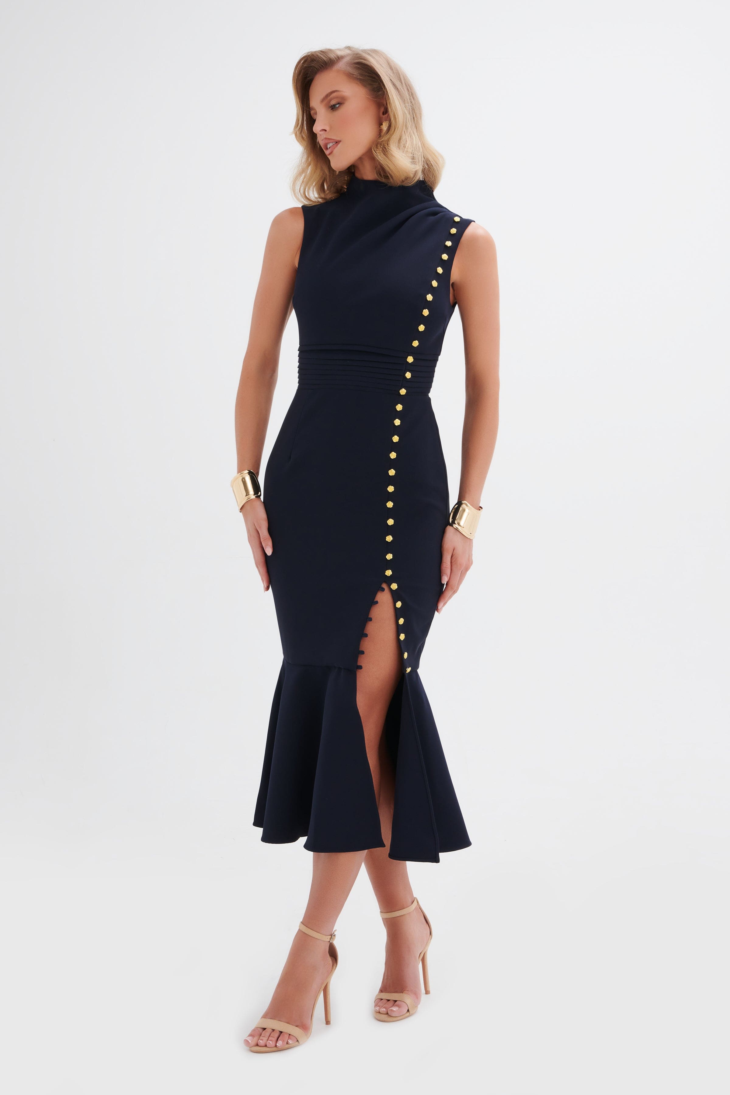 SAFFRON High Neck Rose Button Midi Dress in Navy