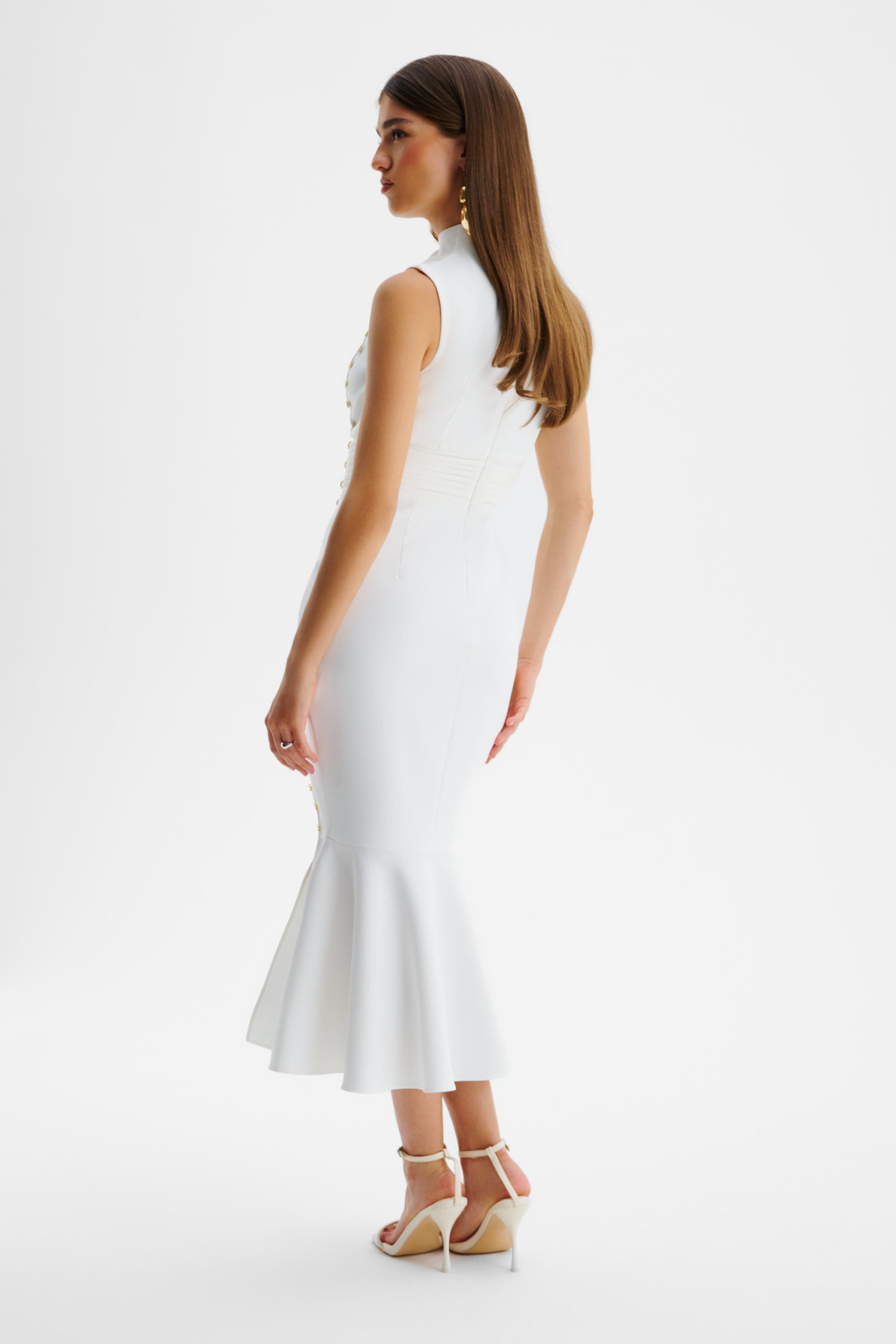 SAFFRON High Neck Micro Shell Button Midi Dress in White