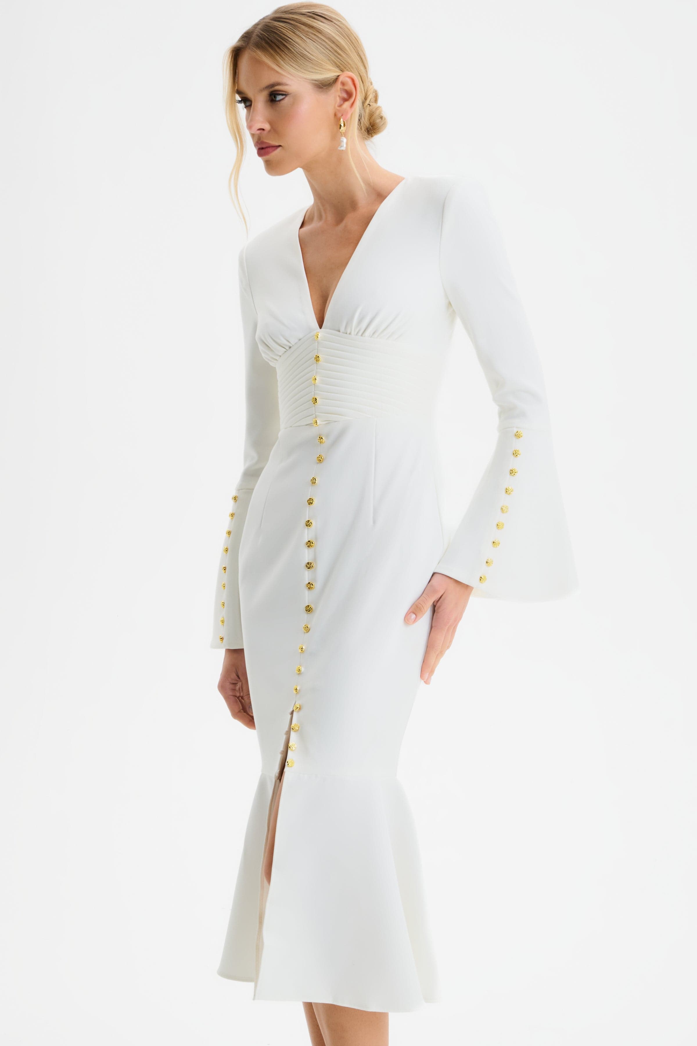 SALMA Fluted Sleeve Micro Rose Button Midi Dress in White