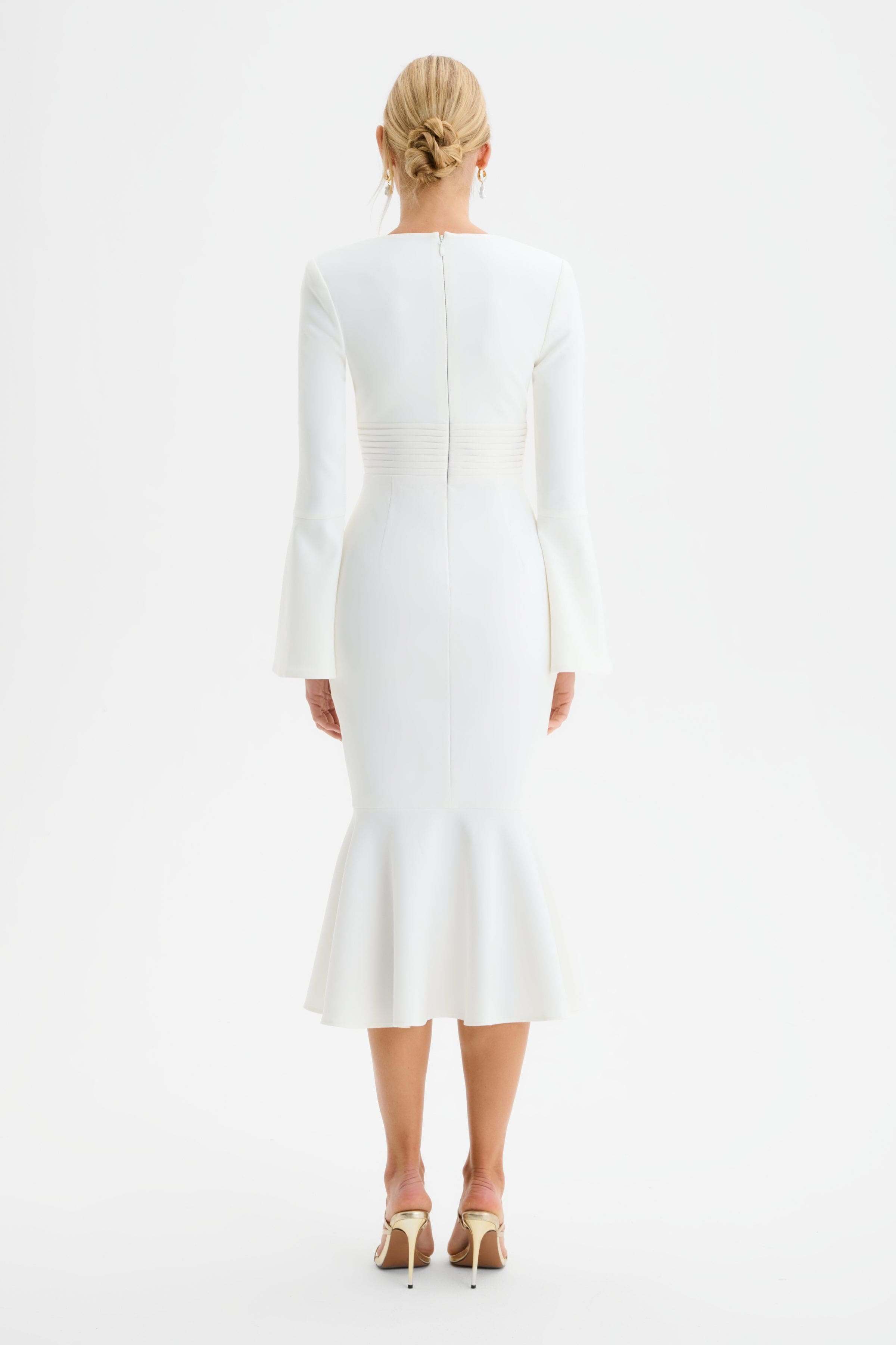 SALMA Fluted Sleeve Micro Rose Button Midi Dress in White