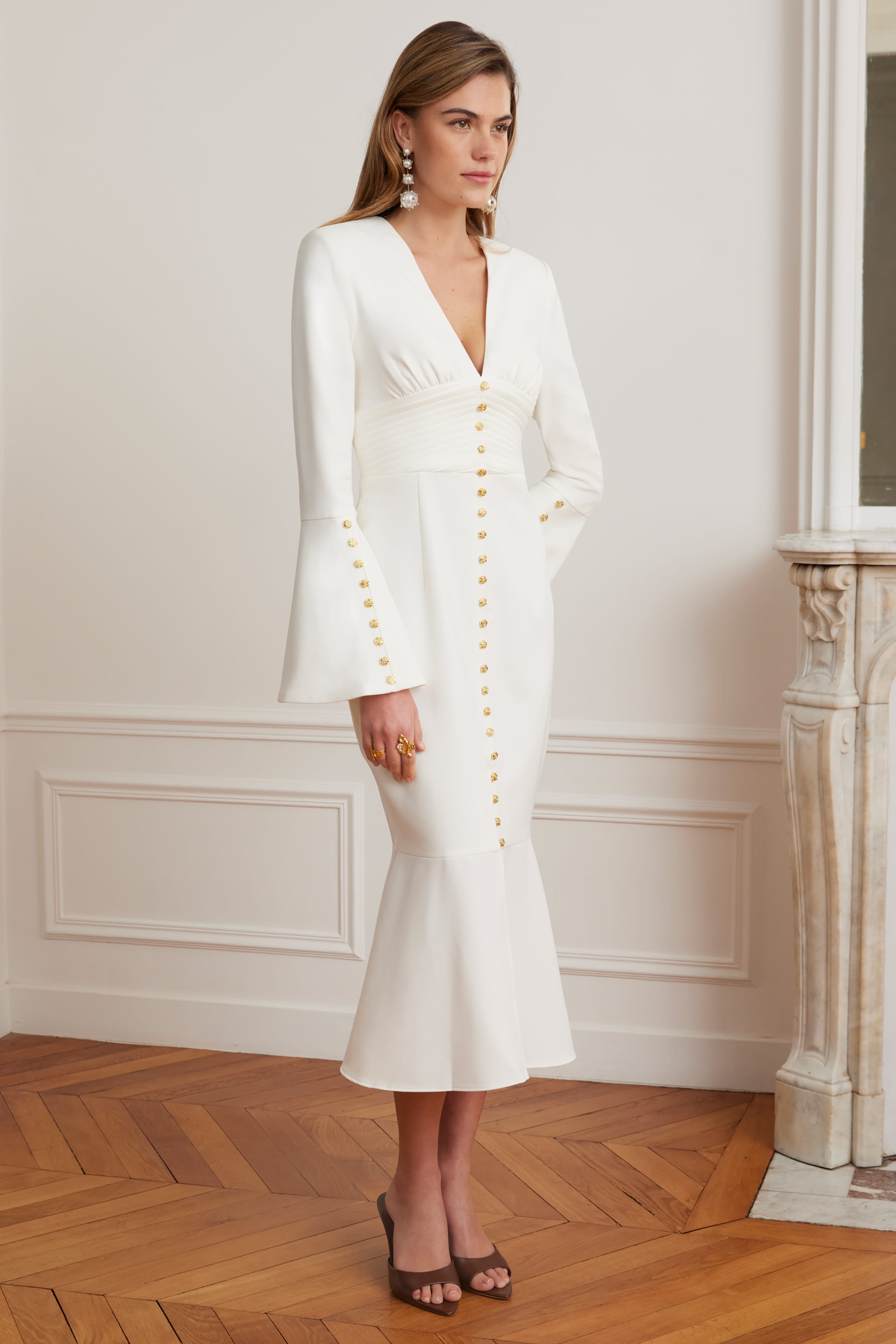 SALMA Fluted Sleeve Micro Gold Button Midi Dress in White