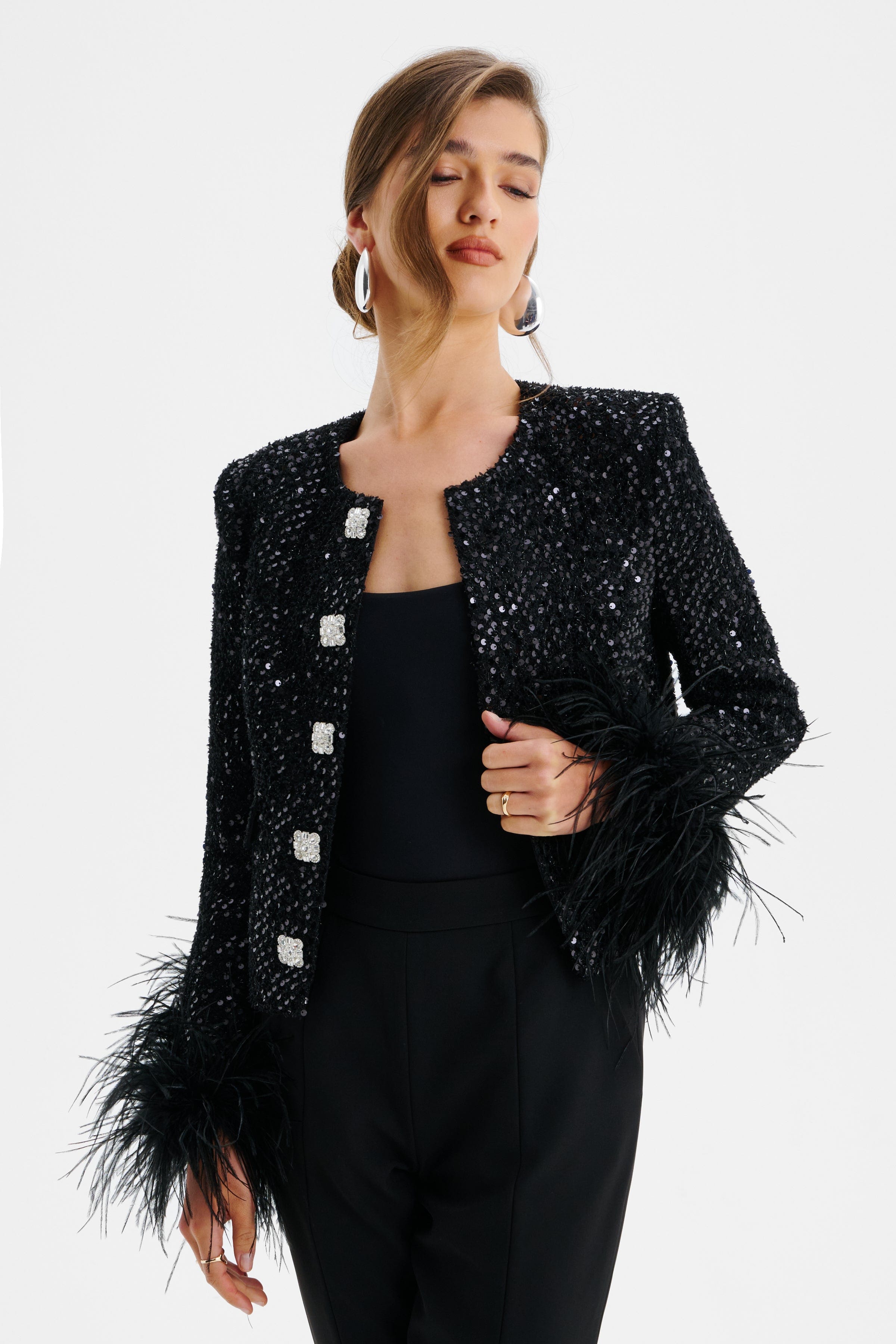 LARIA Sequin Boucle Jacket with Feather Cuffs in Black