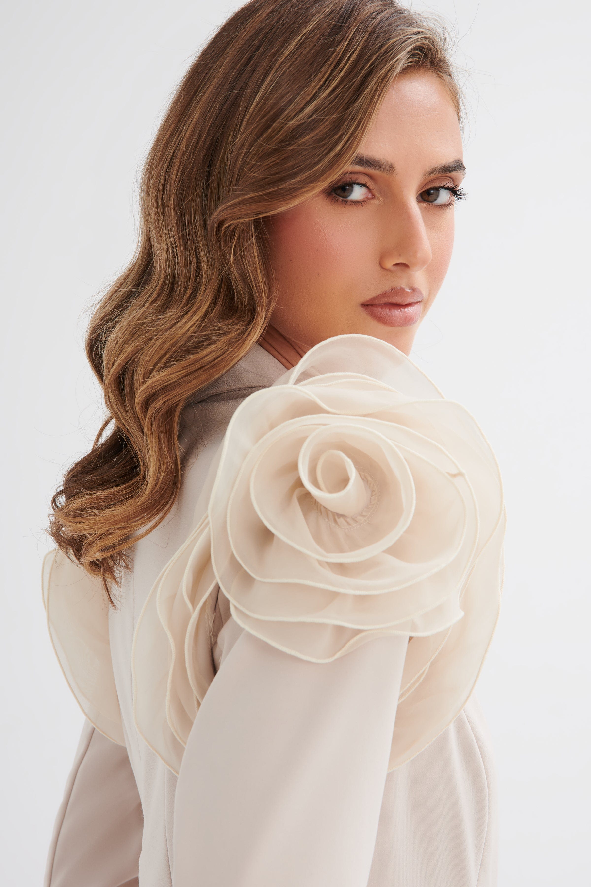 RIA Organza Rose Sleeve Blazer Mini Dress in Champagne