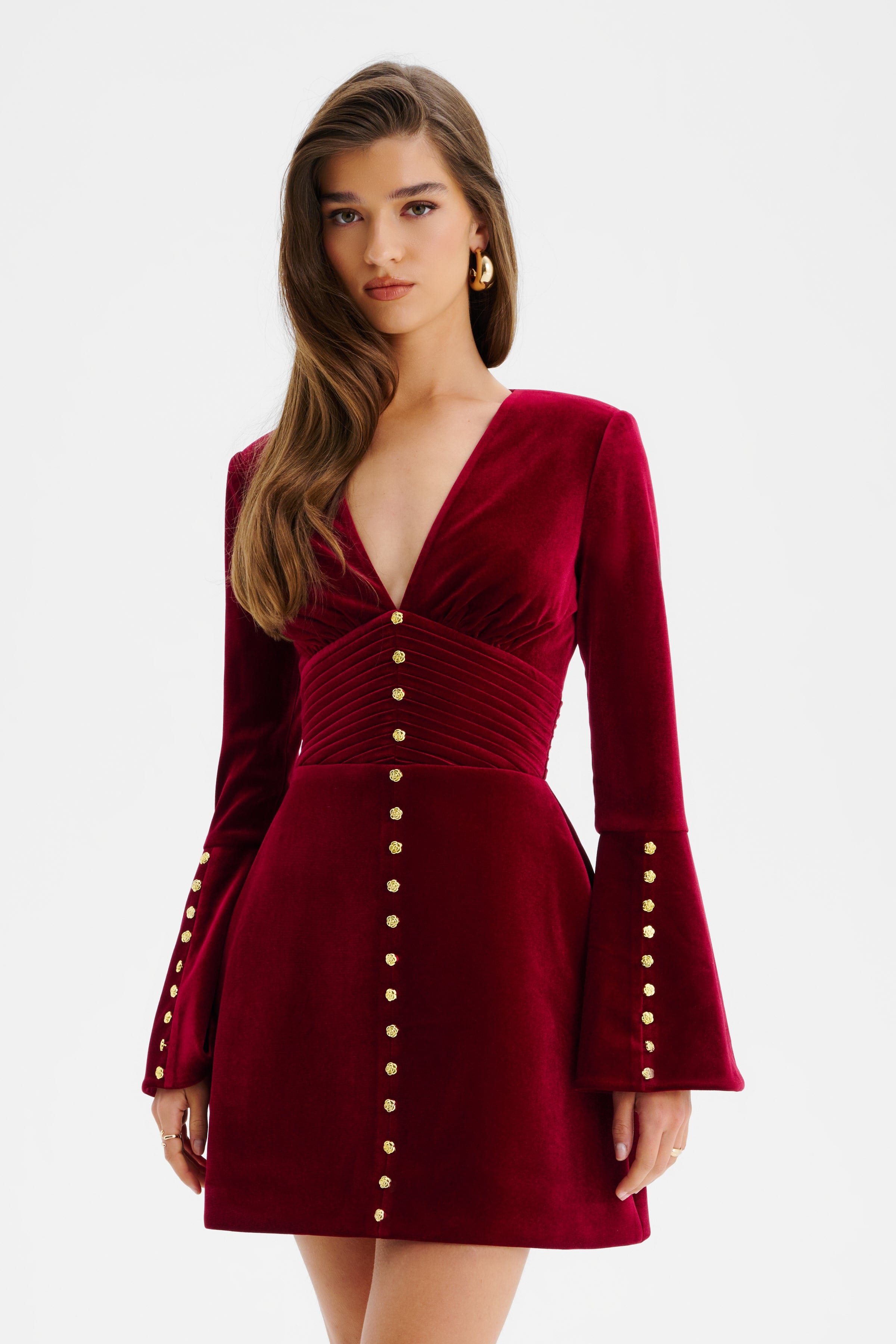 LARA Fluted Sleeve Rose Button Velvet Mini Dress In Burgundy
