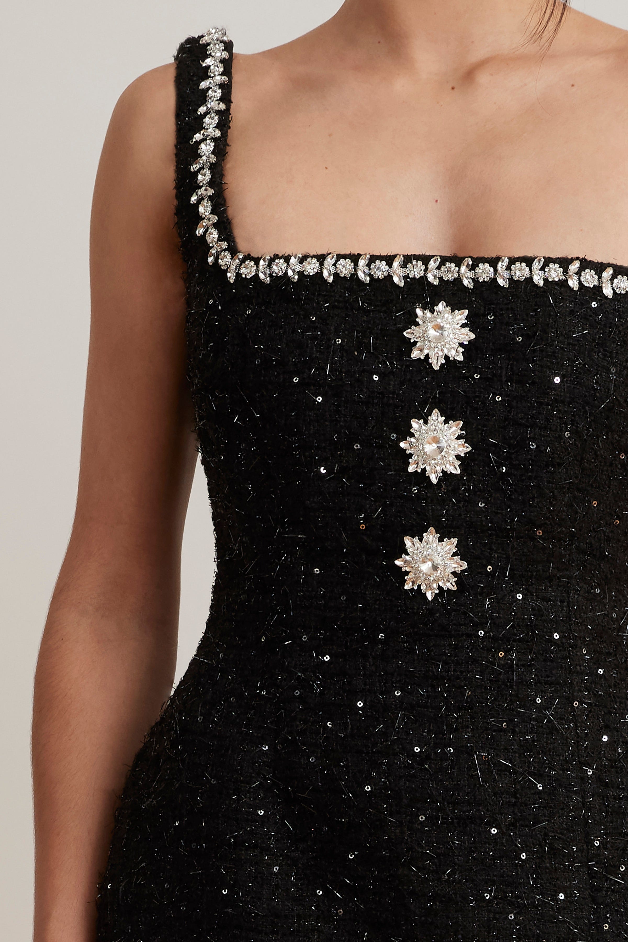 ZOEY Embellished Boucle Tulip Mini Dress in Black