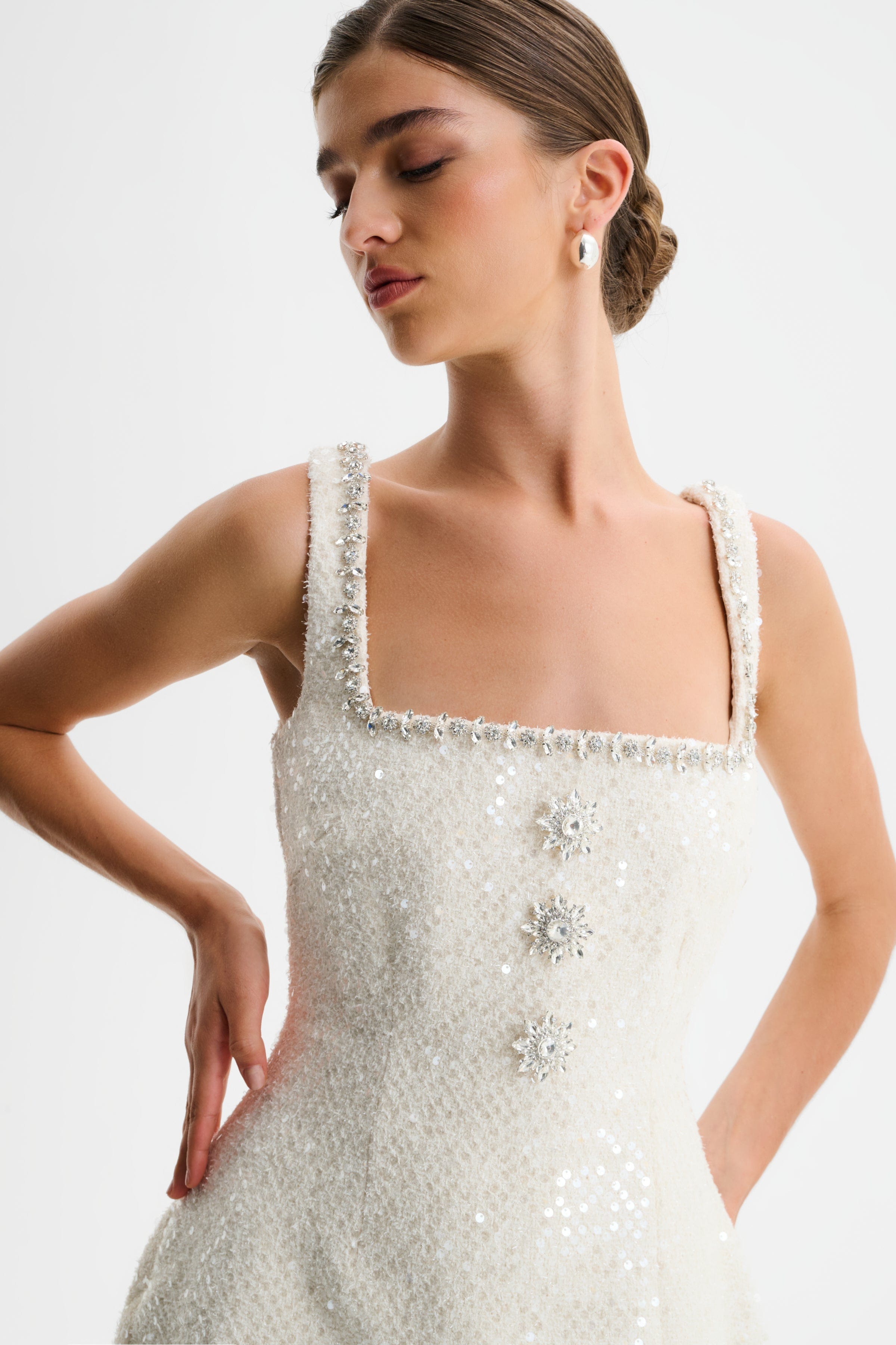 ZOEY Embellished Boucle Tulip Mini Dress in Beige