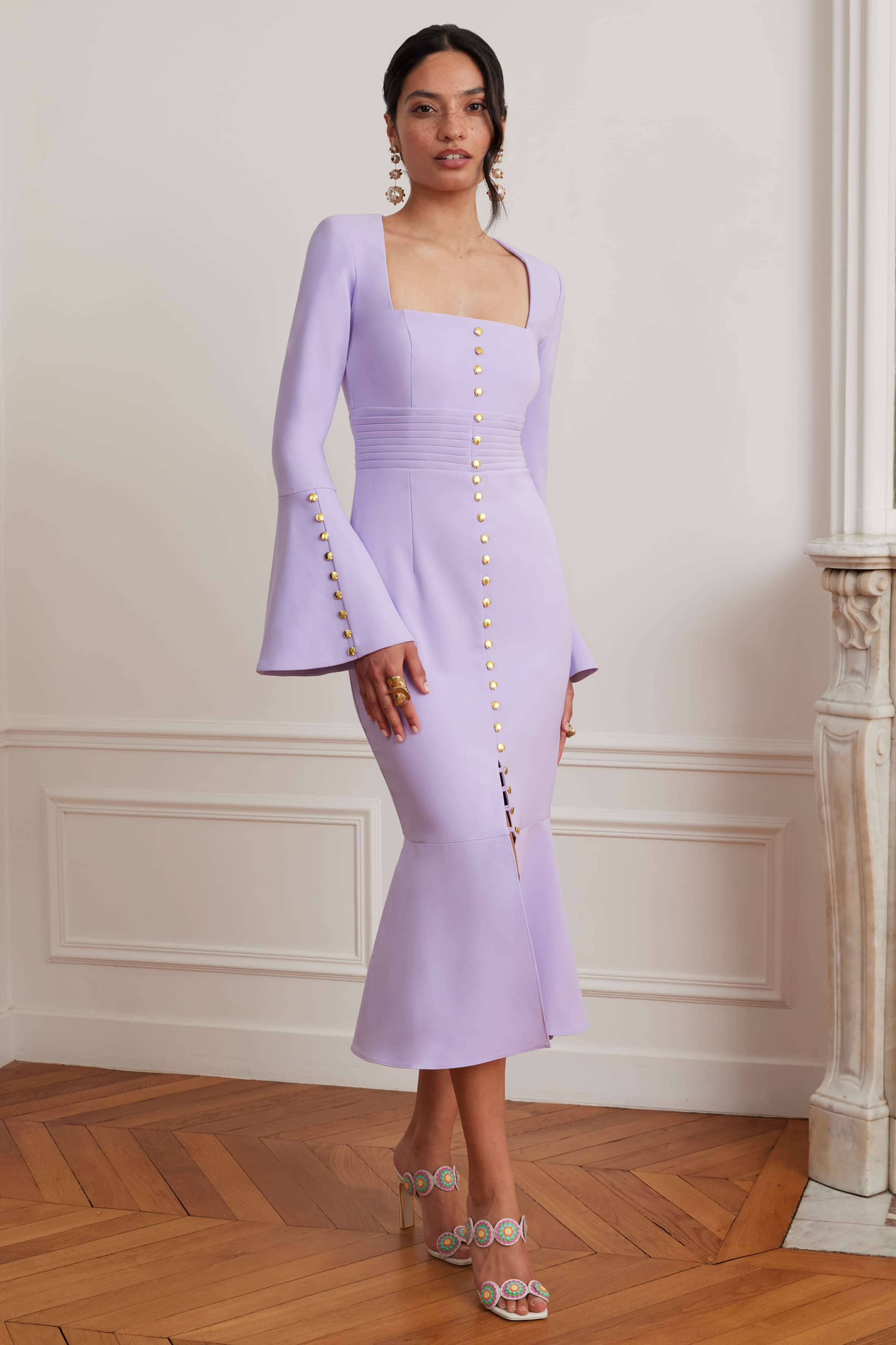SERENA Fluted Sleeve Micro Shell Button Midi Dress in Purple