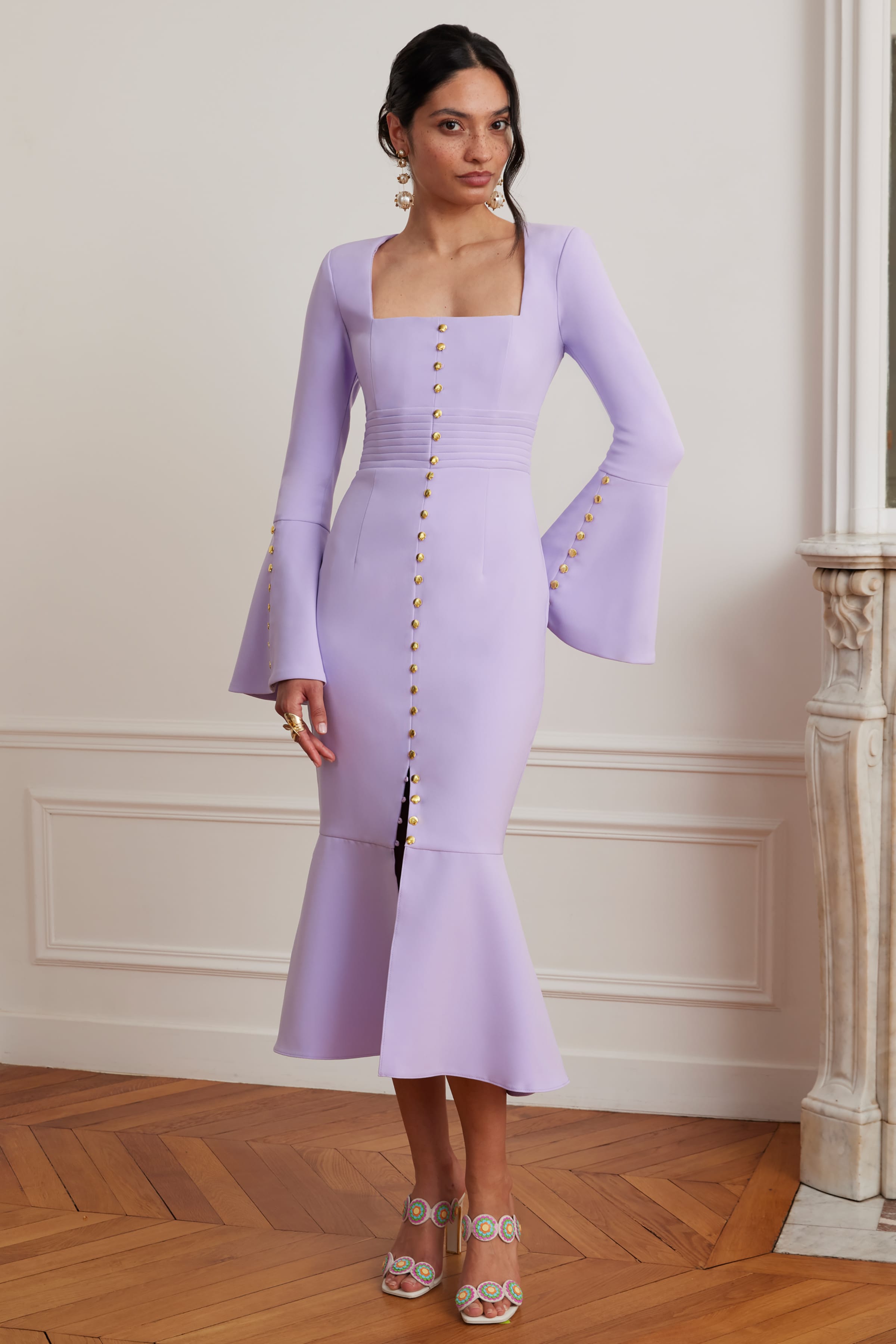SERENA Fluted Sleeve Micro Shell Button Midi Dress in Purple