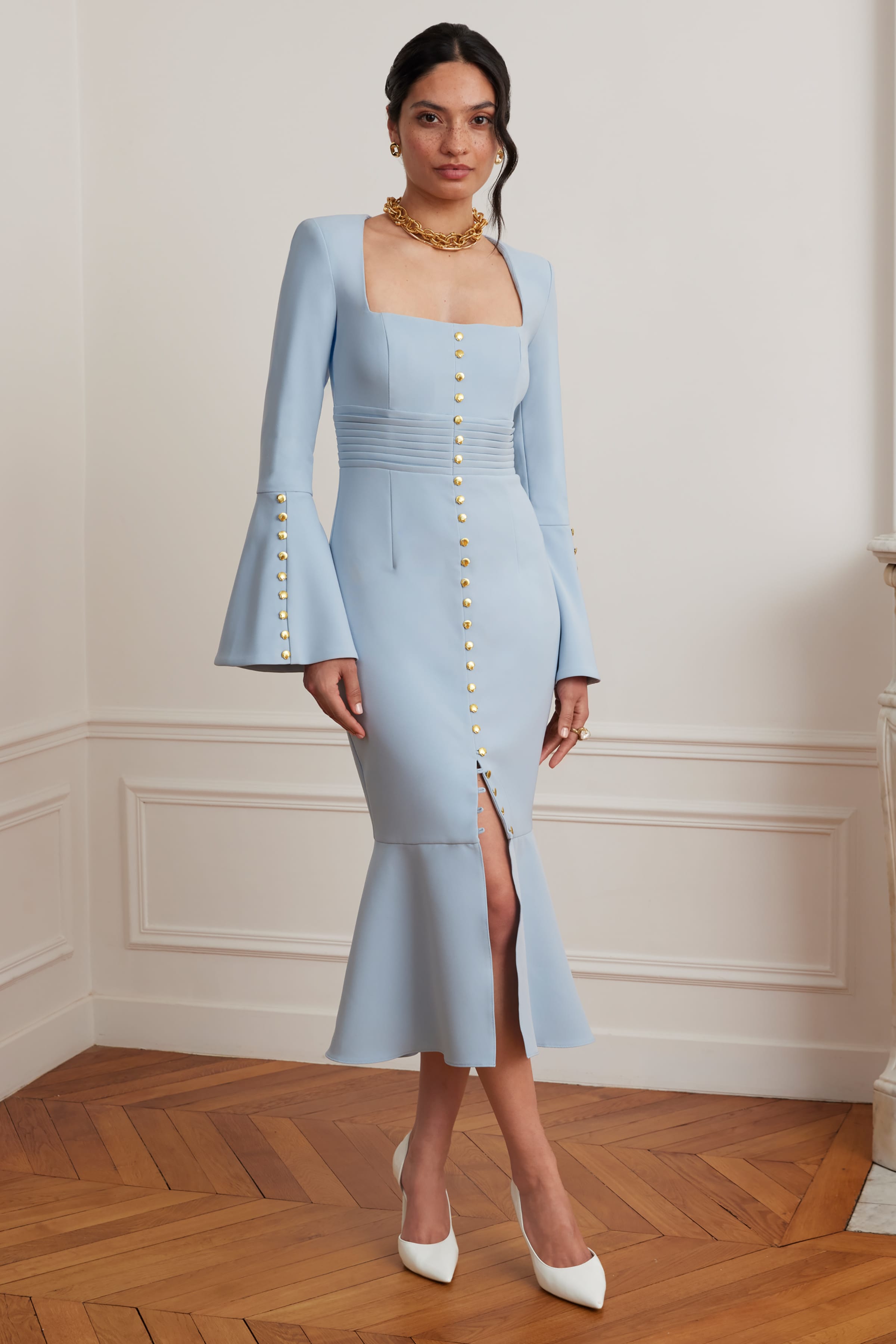 SERENA Fluted Sleeve Micro Shell Button Midi Dress in Light Blue