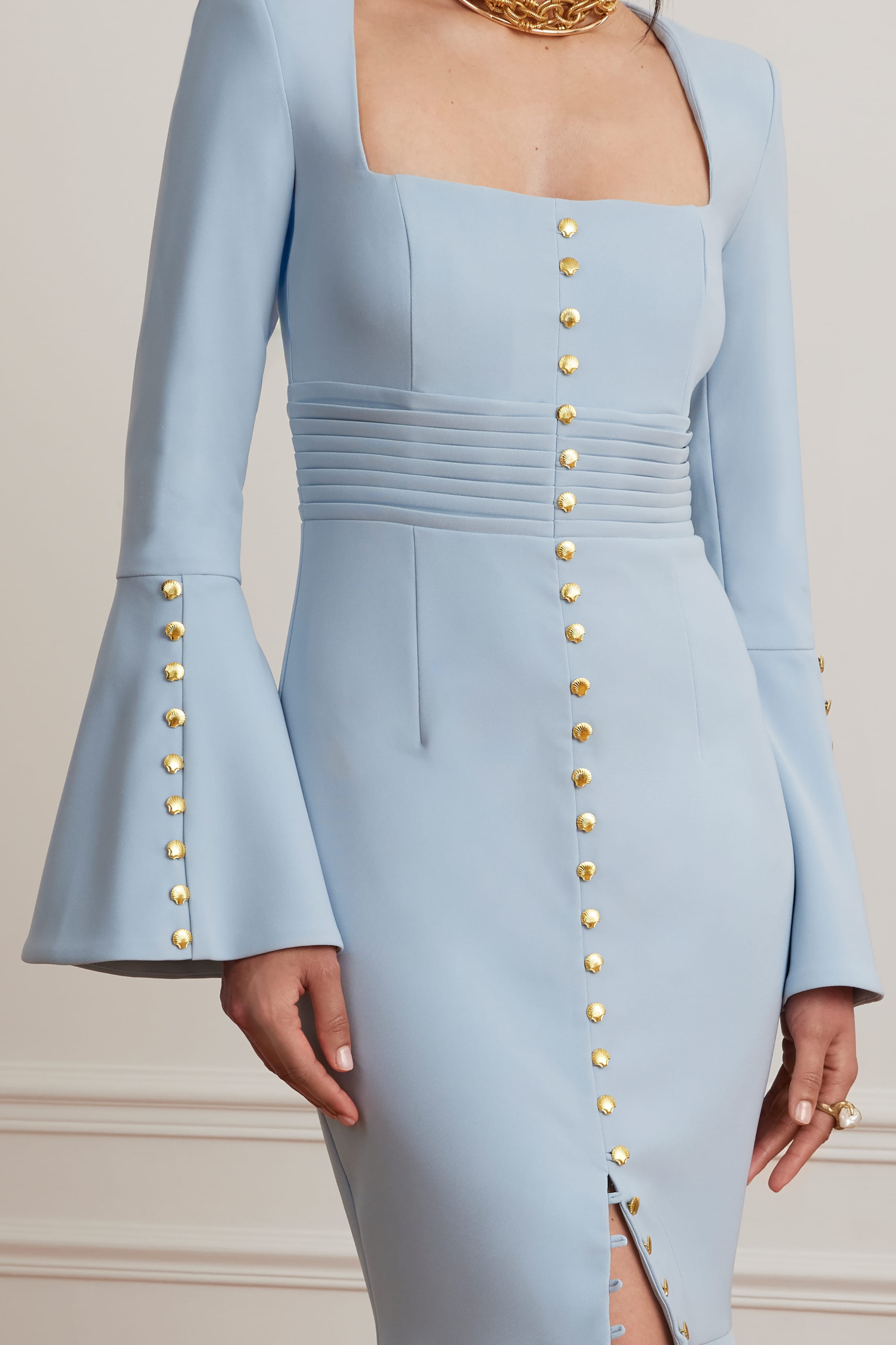 SERENA Fluted Sleeve Micro Shell Button Midi Dress in Light Blue