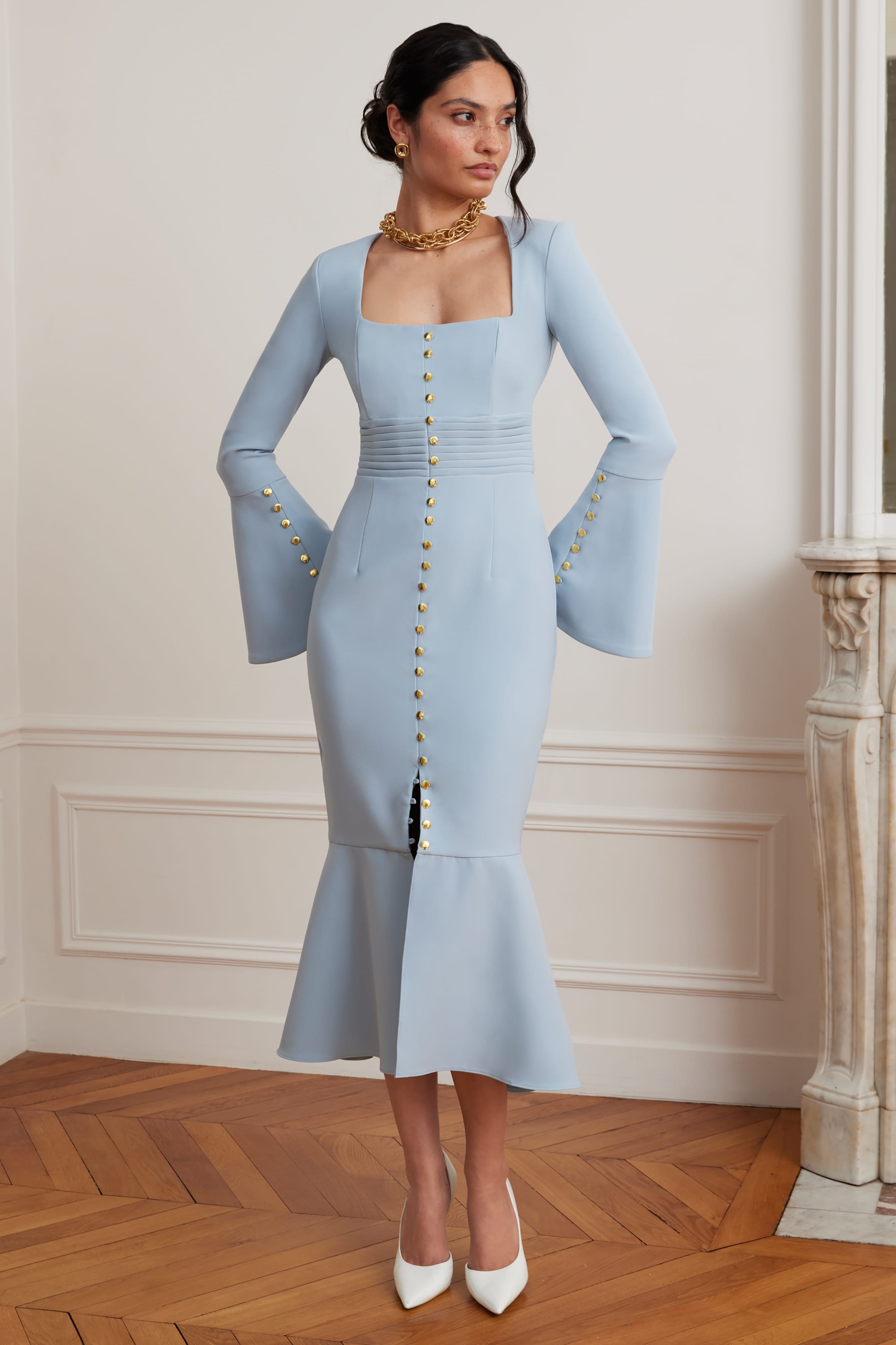SERENA Fluted Sleeve Micro Shell Button Midi Dress in Light Blue