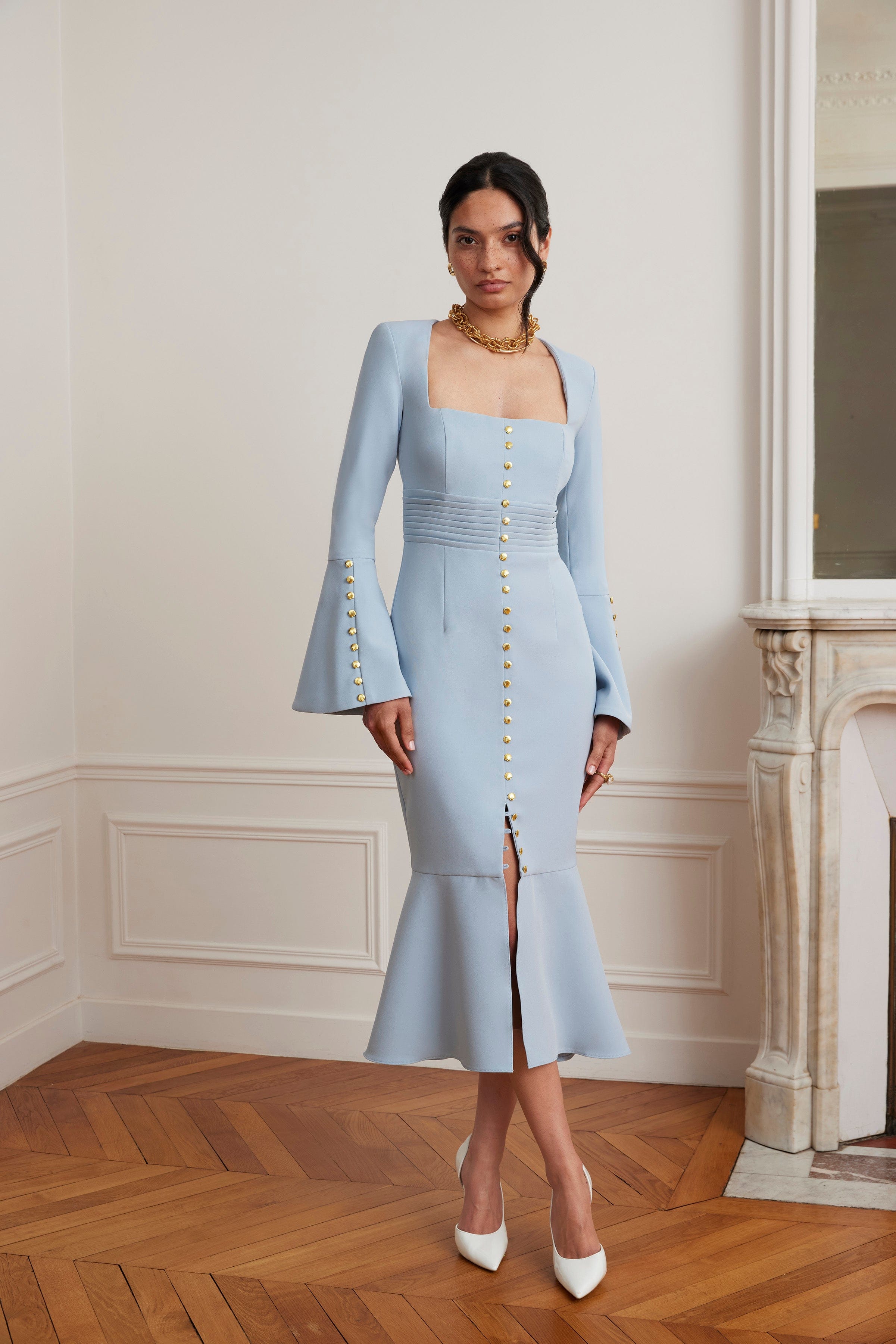 SERENA Fluted Sleeve Micro Shell Button Midi Dress in Light Blue