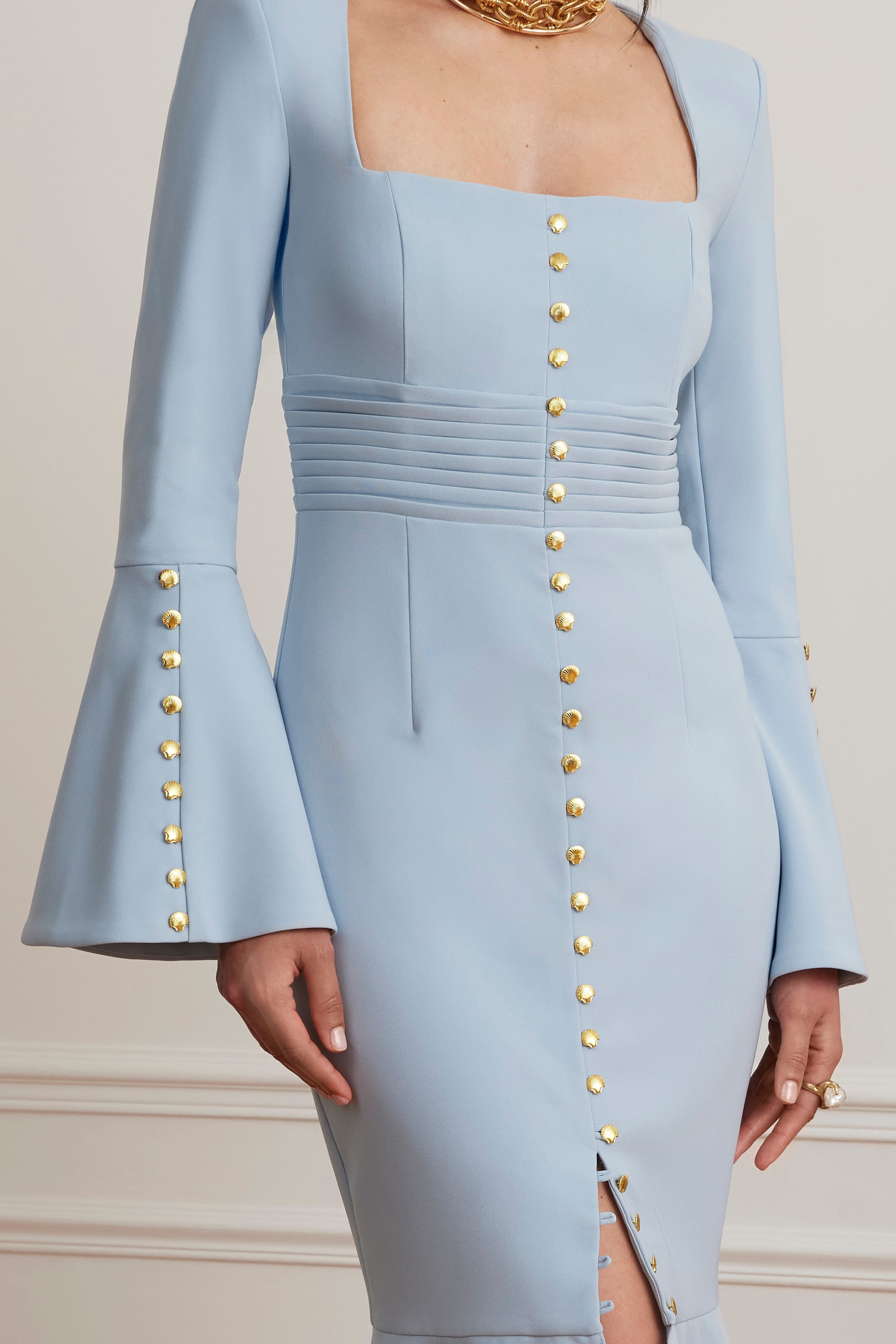 SERENA Fluted Sleeve Micro Shell Button Midi Dress in Light Blue