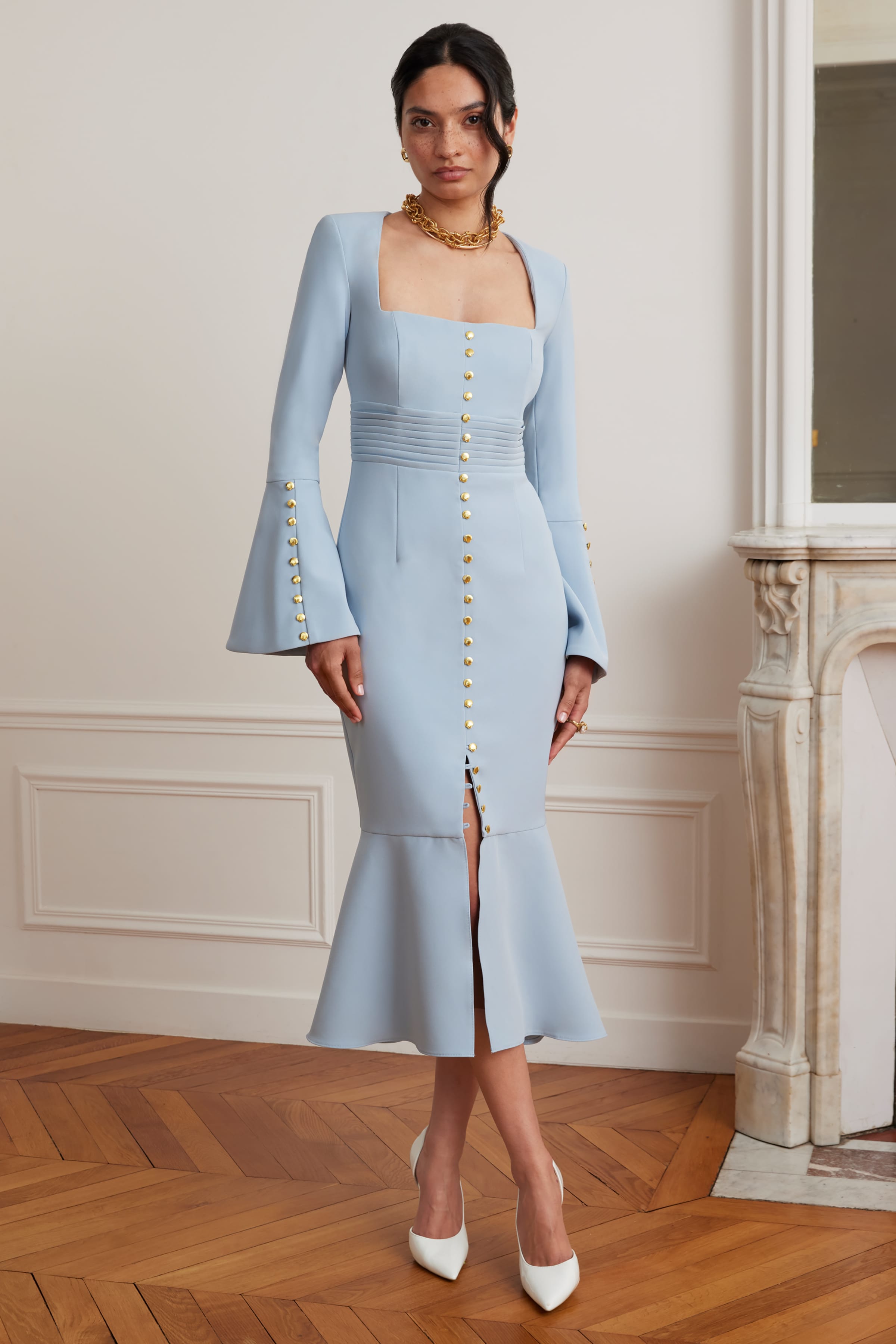SERENA Fluted Sleeve Micro Shell Button Midi Dress in Light Blue