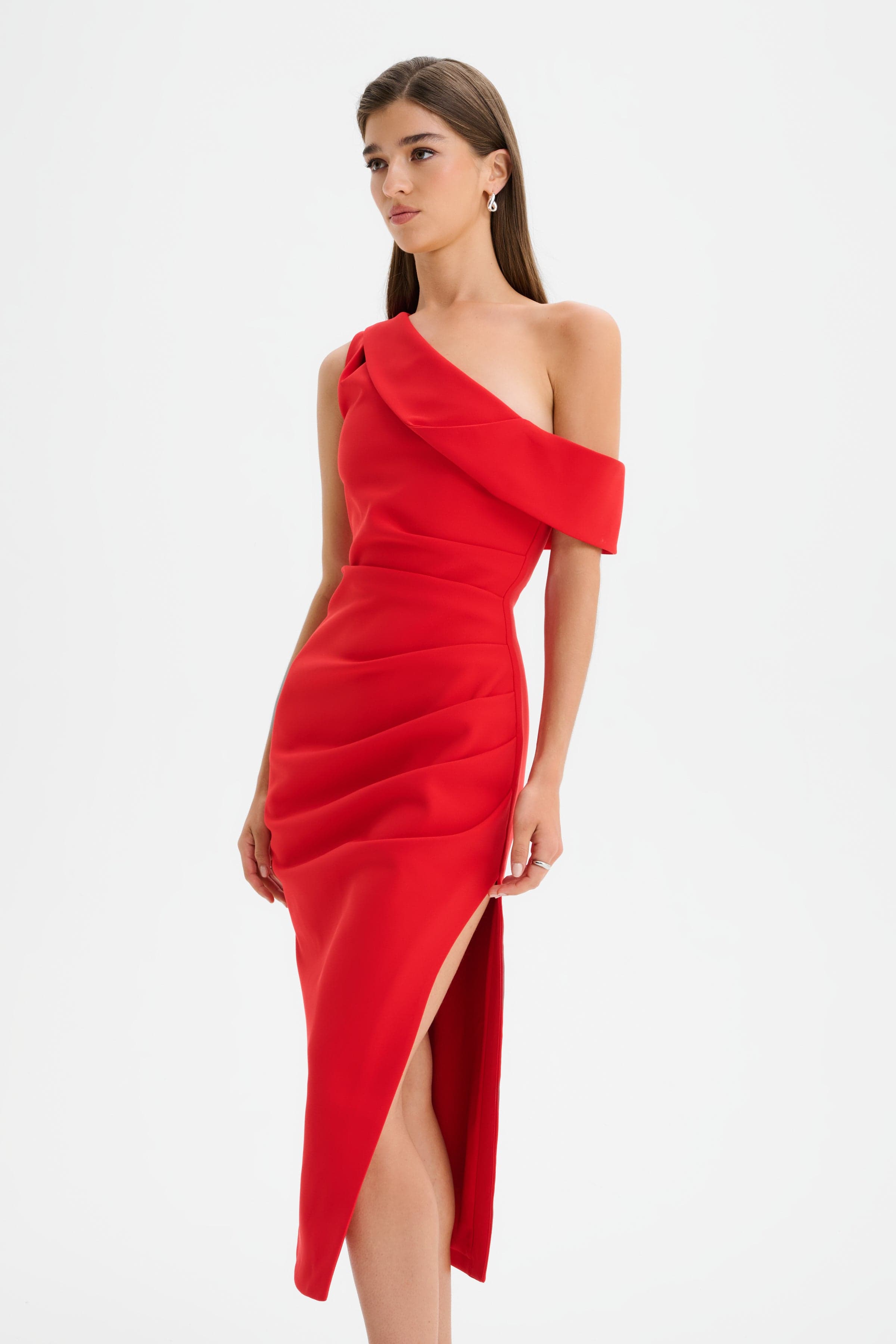 LINA One Shoulder Pleated Midi Dress in Red