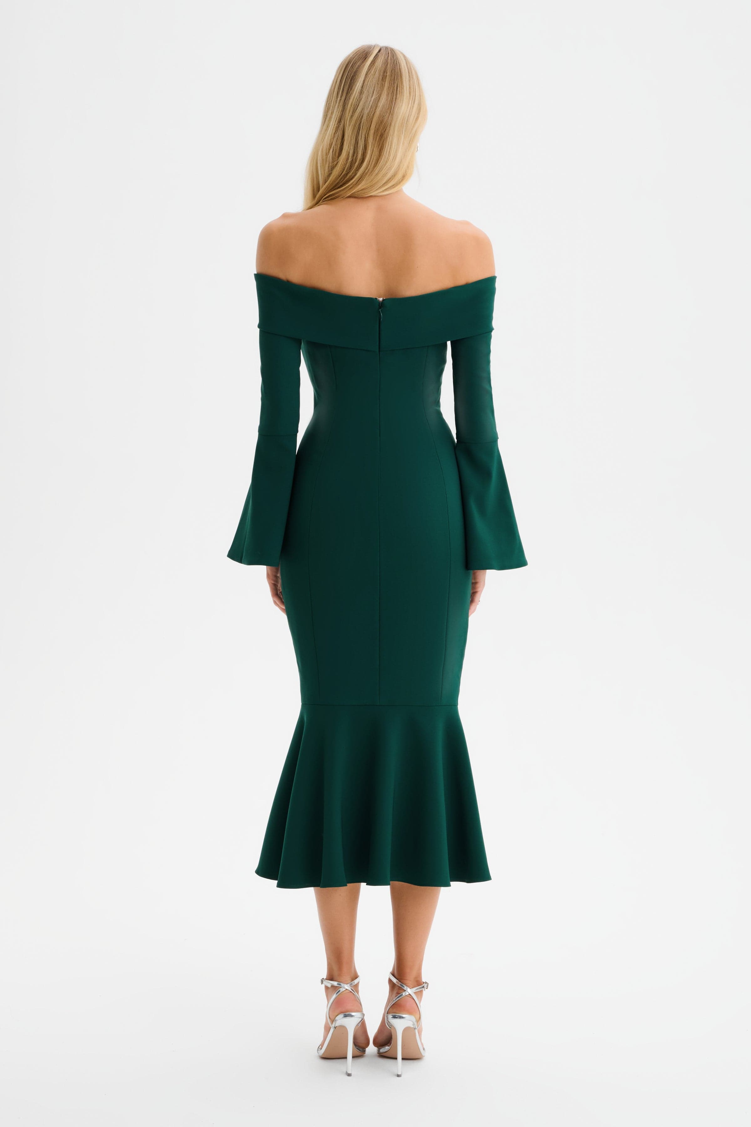 CIARA Off Shoulder Micro Button Midi Dress in Emerald Green