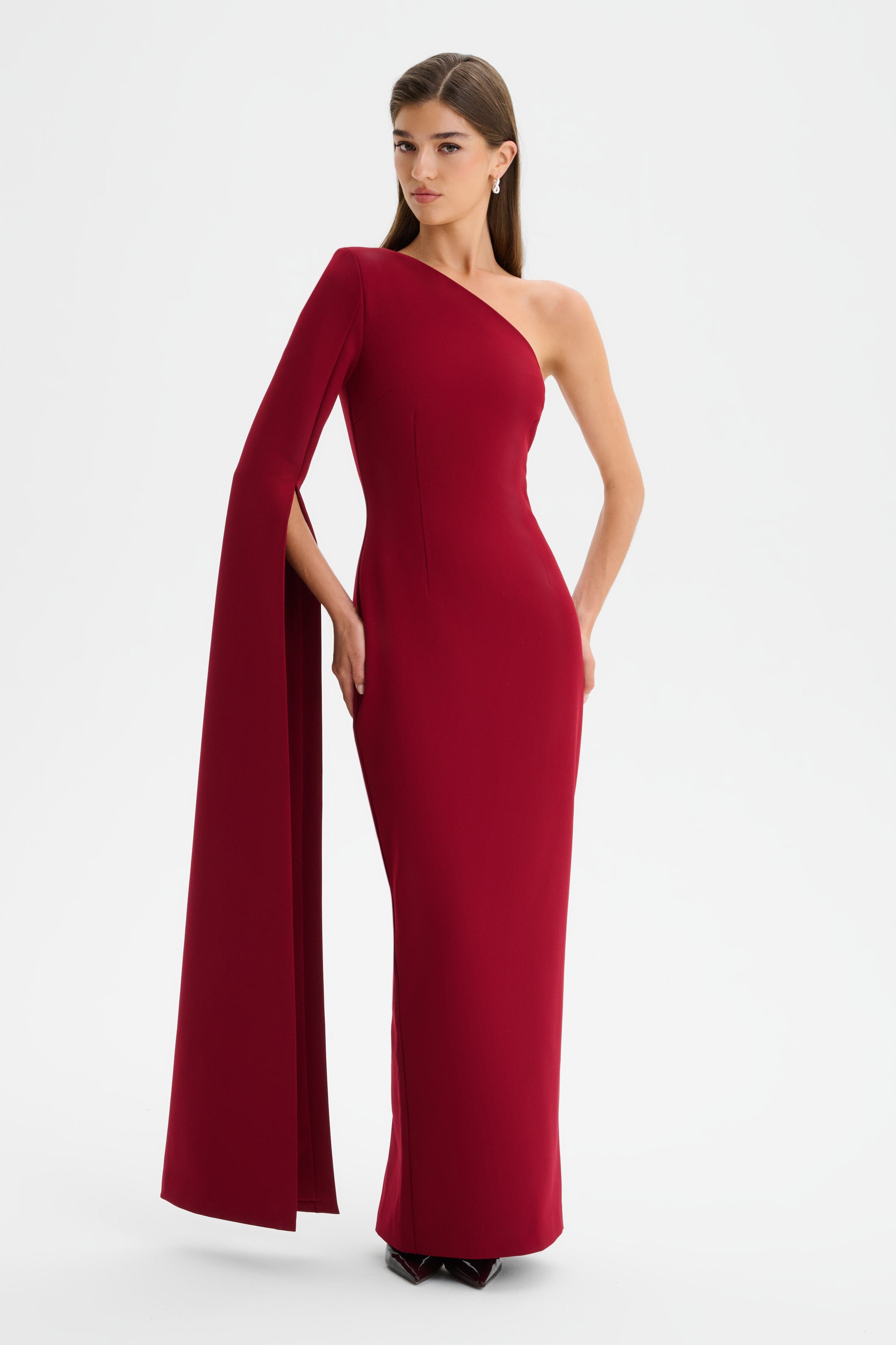 PHOEBE One Shoulder Cape Sleeve Maxi Dress in Burgundy