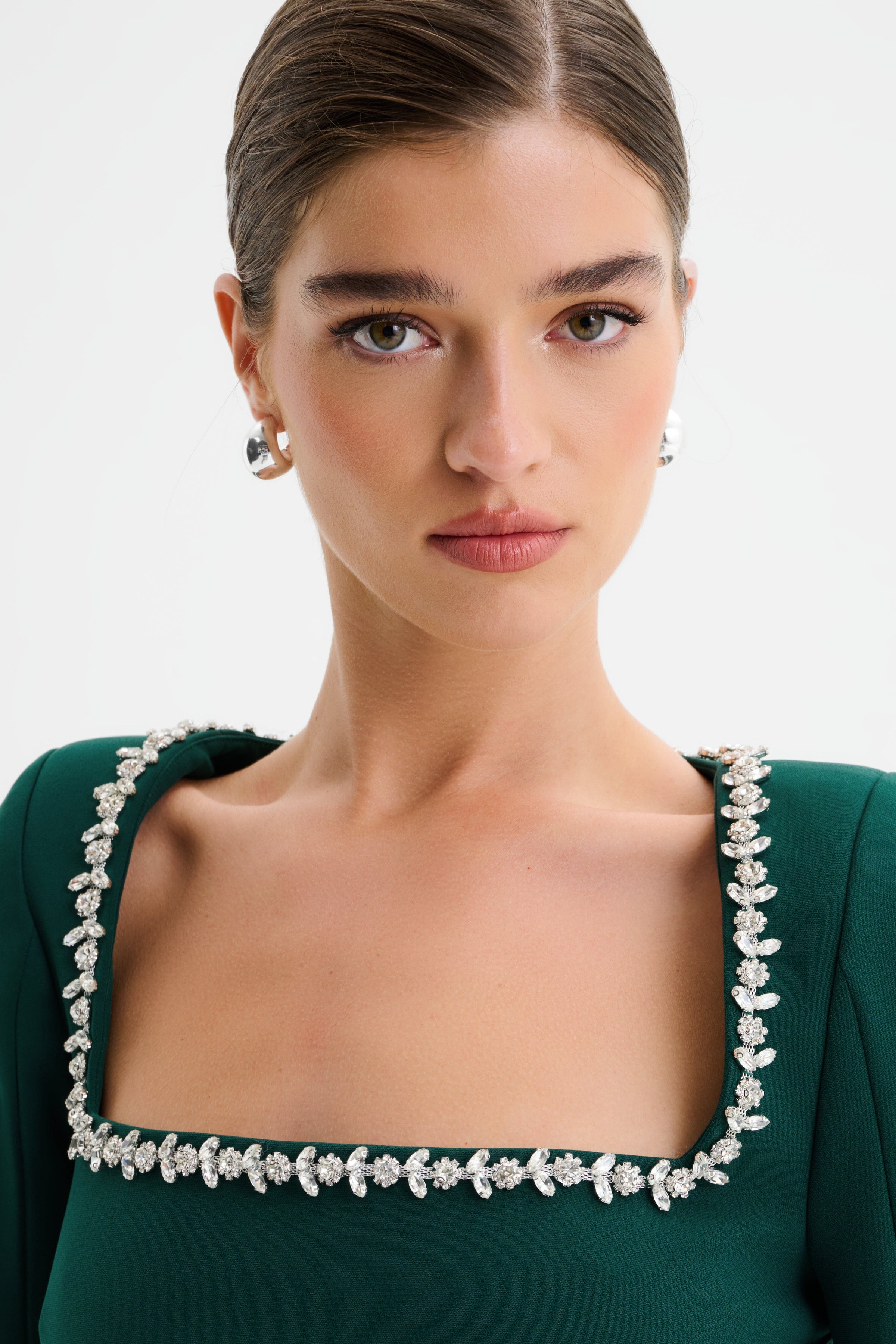 GRACE Square Neck Embellished Cape Sleeve Maxi Dress in Emerald Green