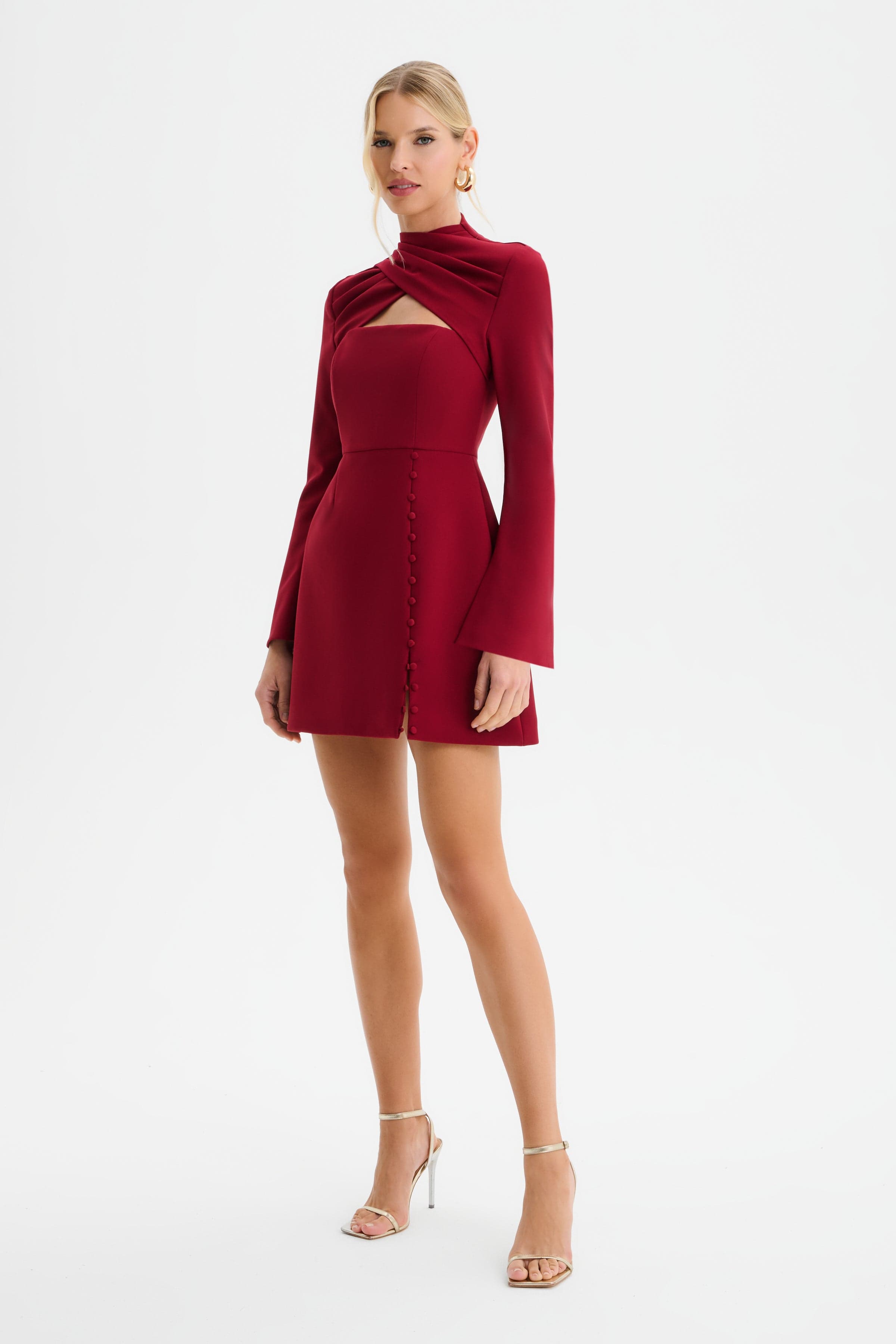 FIONA High Wrap Neck Tulip Mini Dress in Burgundy