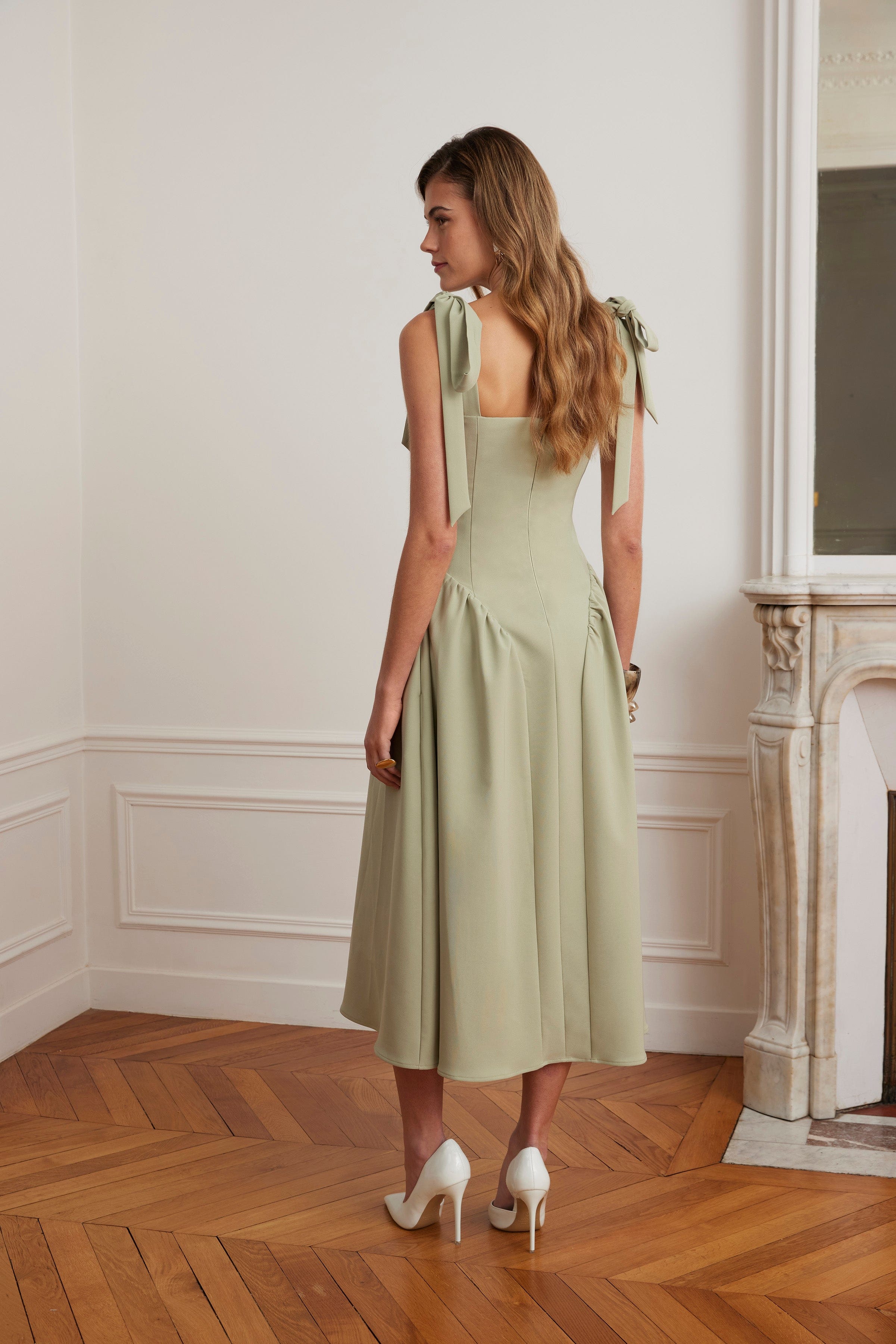 BLOSSOM Tie Shoulder Corset Midi Dress In Sage Green