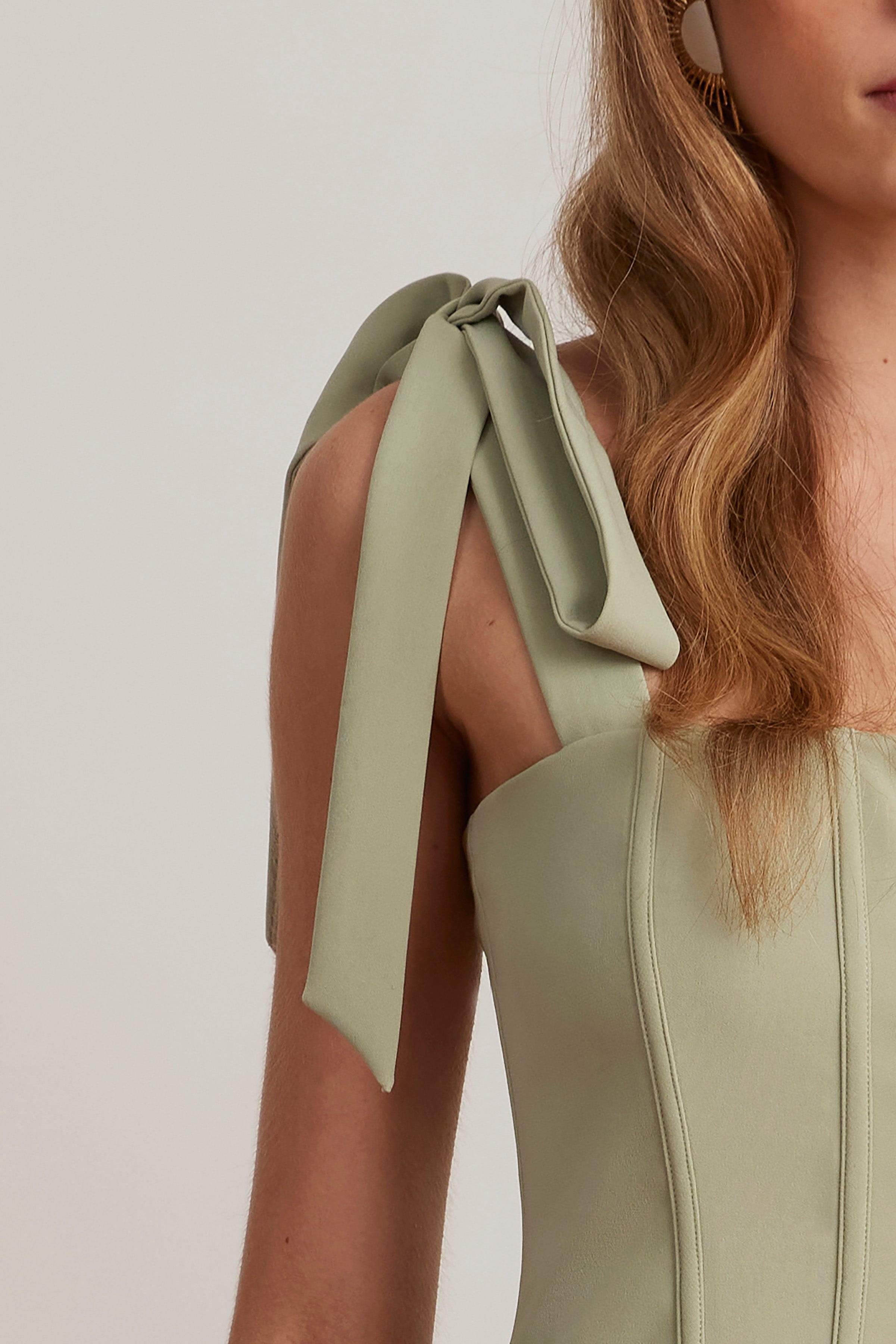 BLOSSOM Tie Shoulder Corset Midi Dress In Sage Green