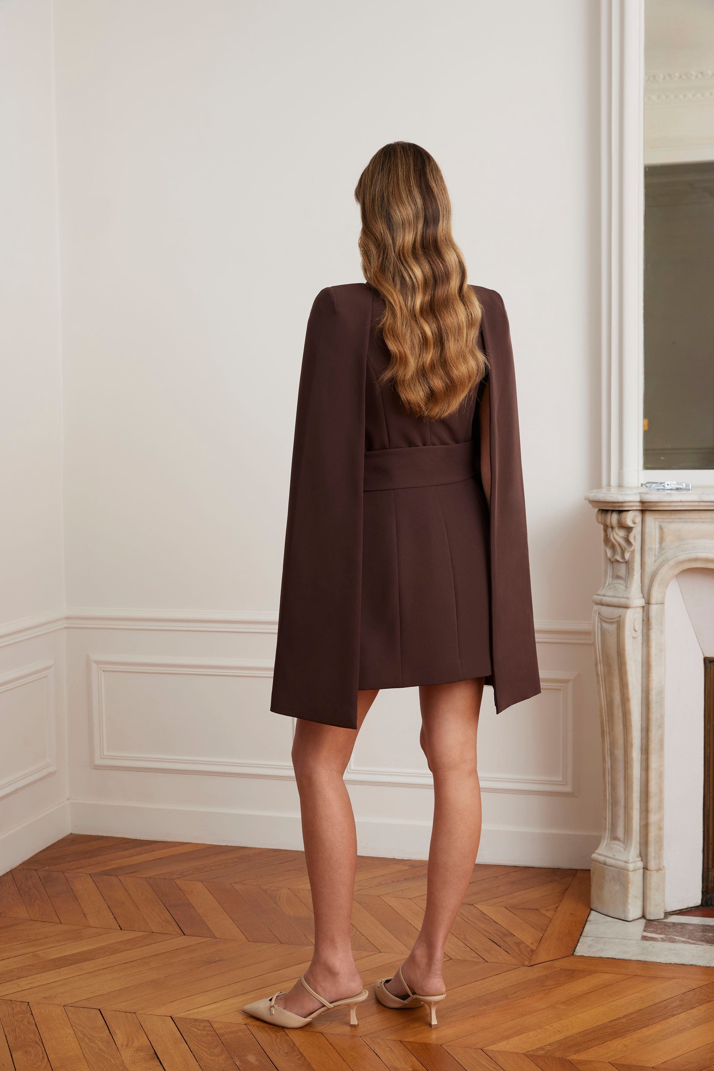 ALEXANDRA Cape Sleeve Self Wrap Mini Dress In Dark Brown