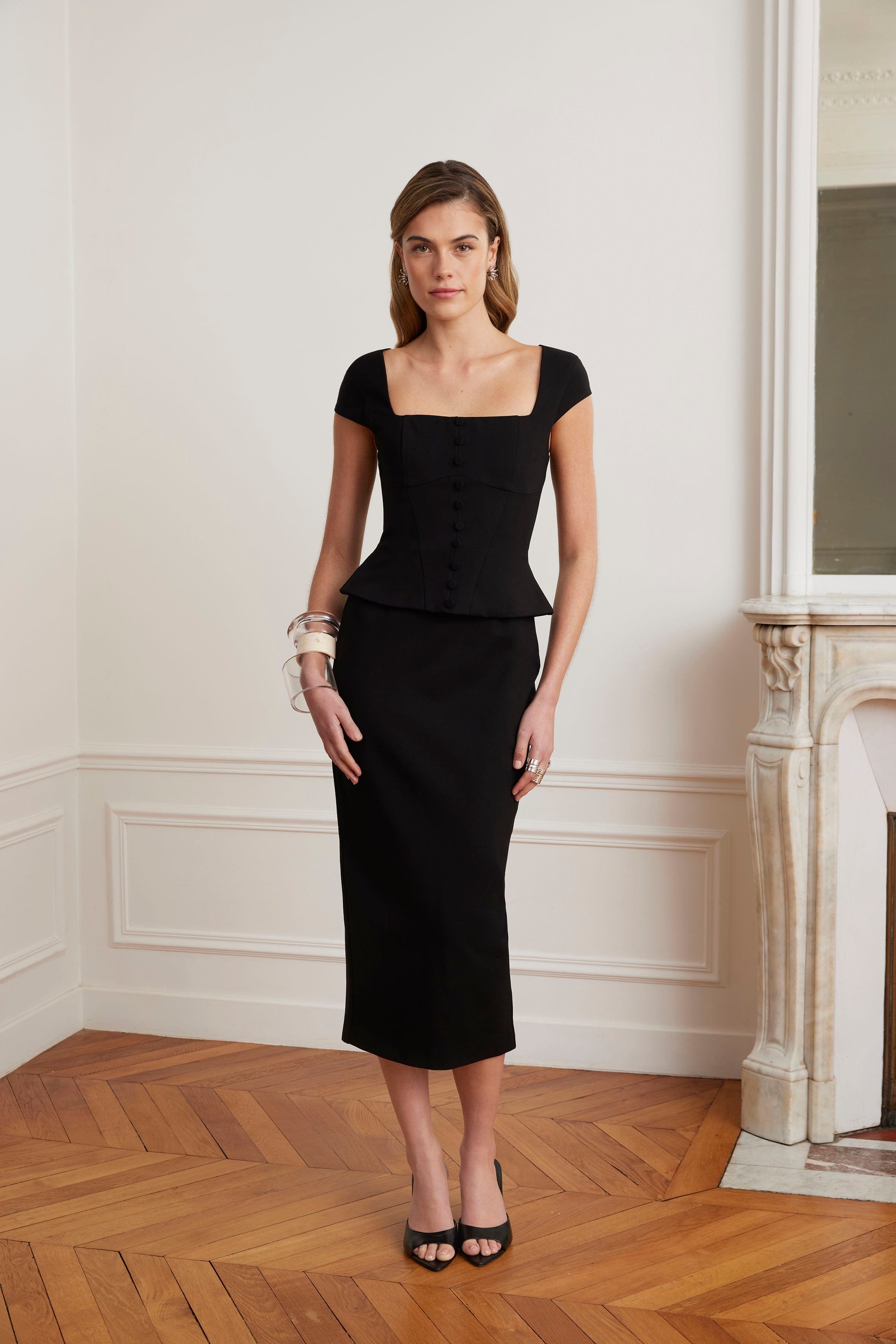 ELISA Corset Peplum Ponte Midi Dress In Black