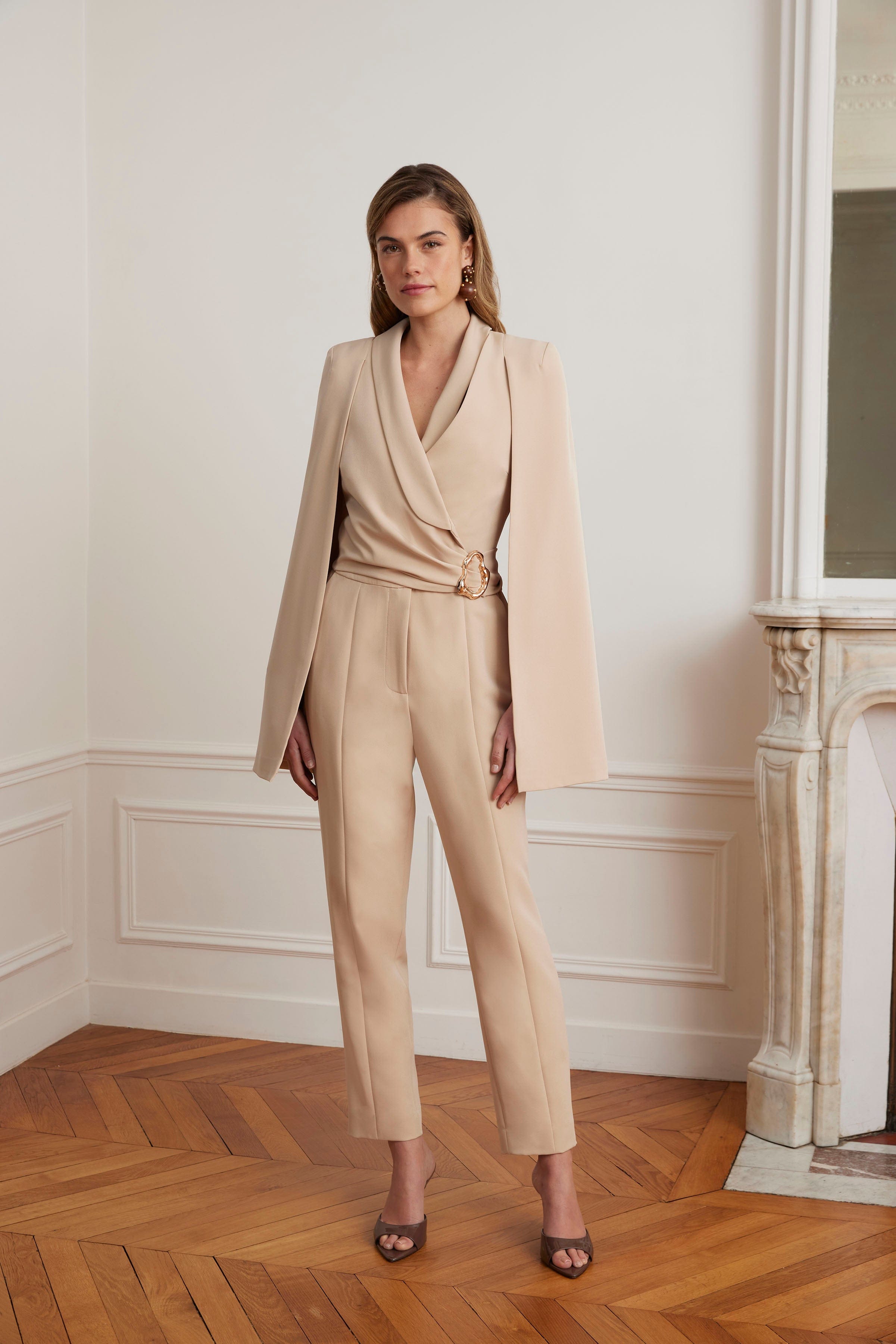 LILIA Cape Sleeve Self Wrap Tailored Jumpsuit In Sand