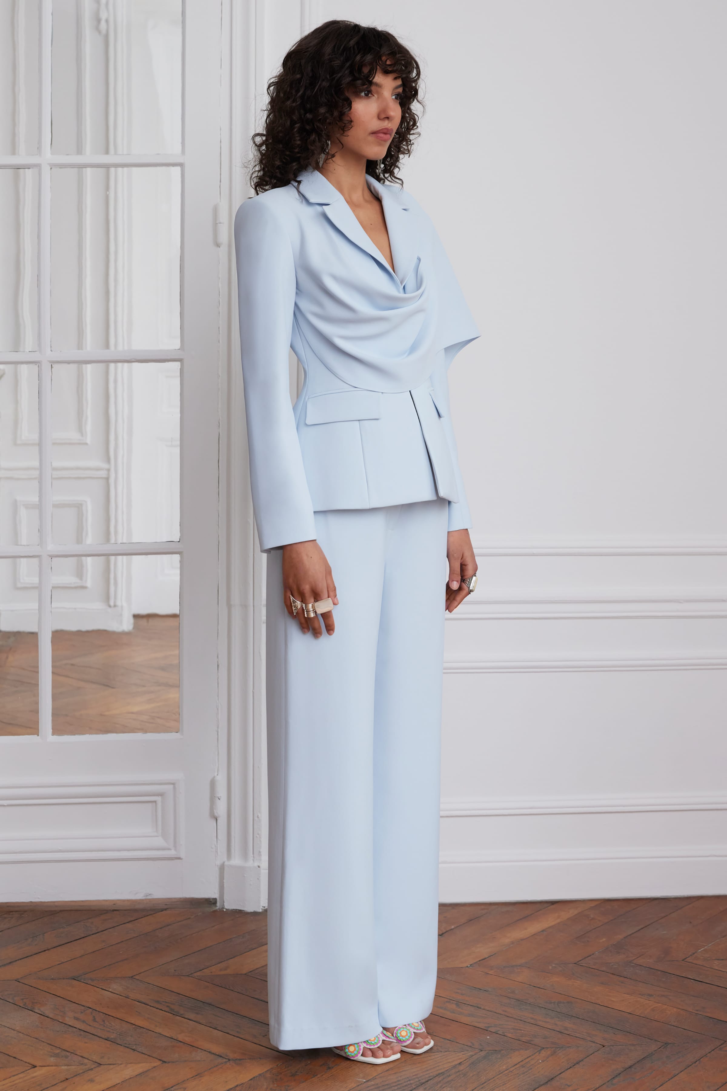 EMBER Cape Scarf Sculptured Blazer In Powder Blue