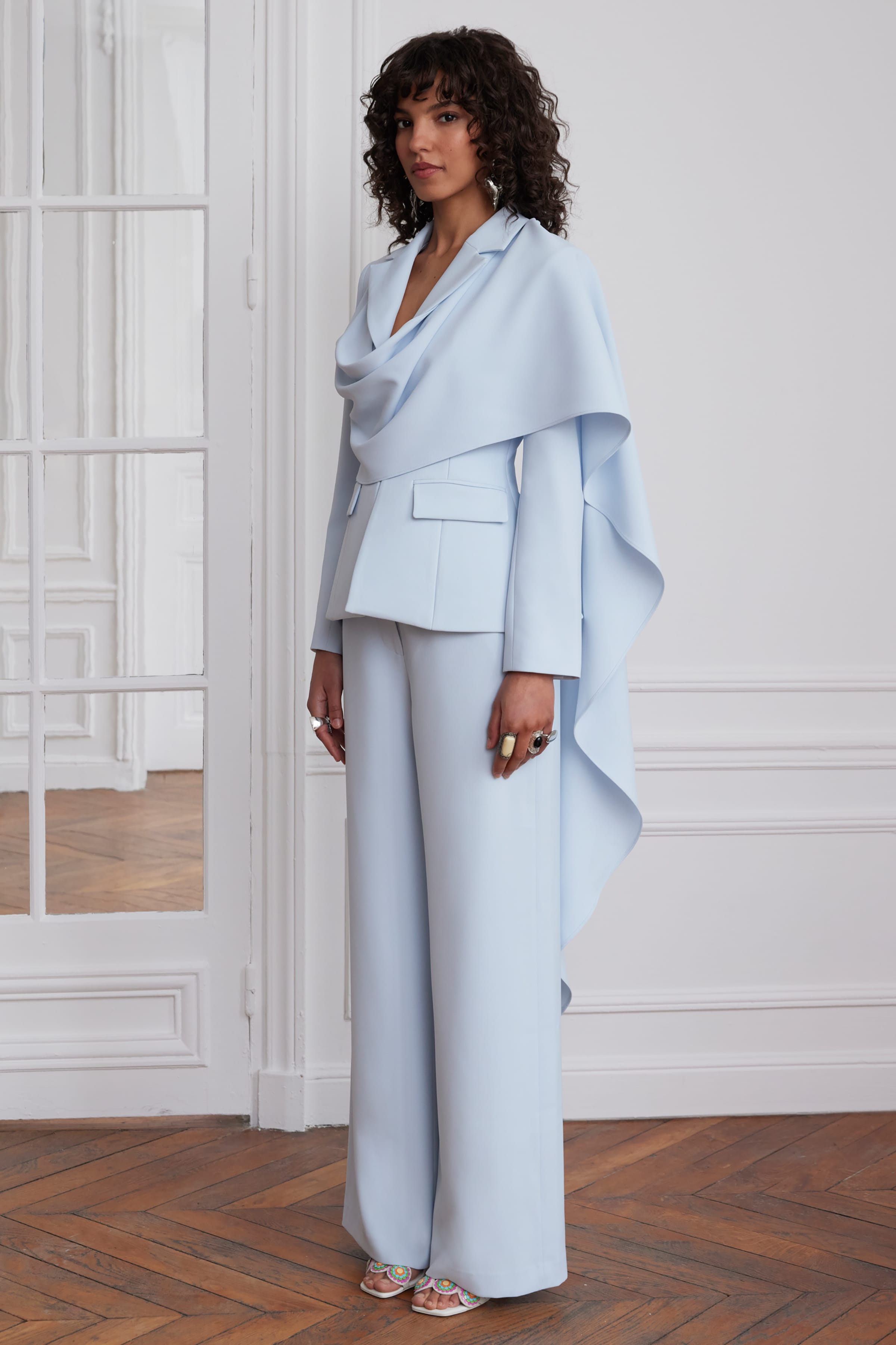 EMBER Cape Scarf Sculptured Blazer In Powder Blue