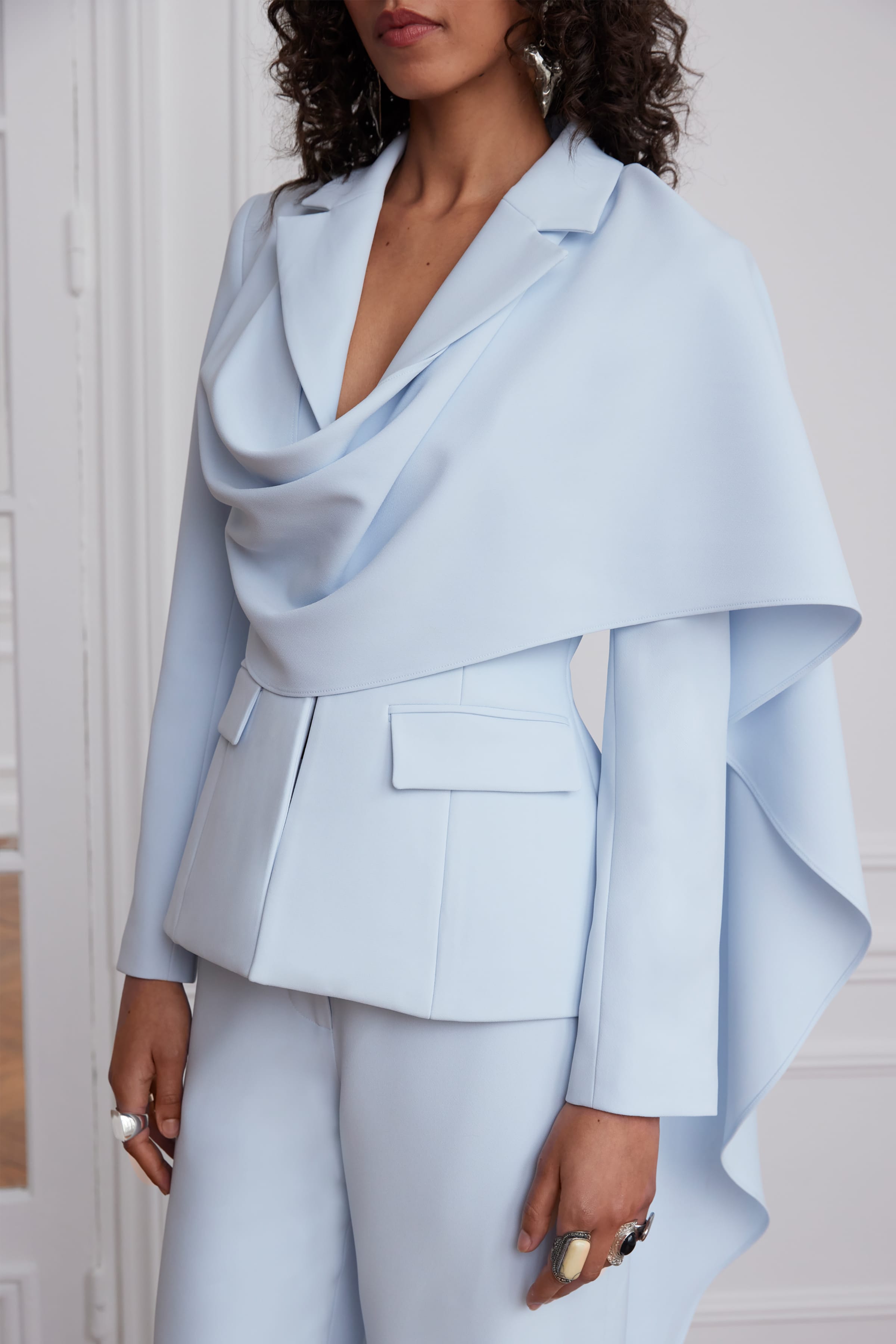 EMBER Cape Scarf Sculptured Blazer In Powder Blue