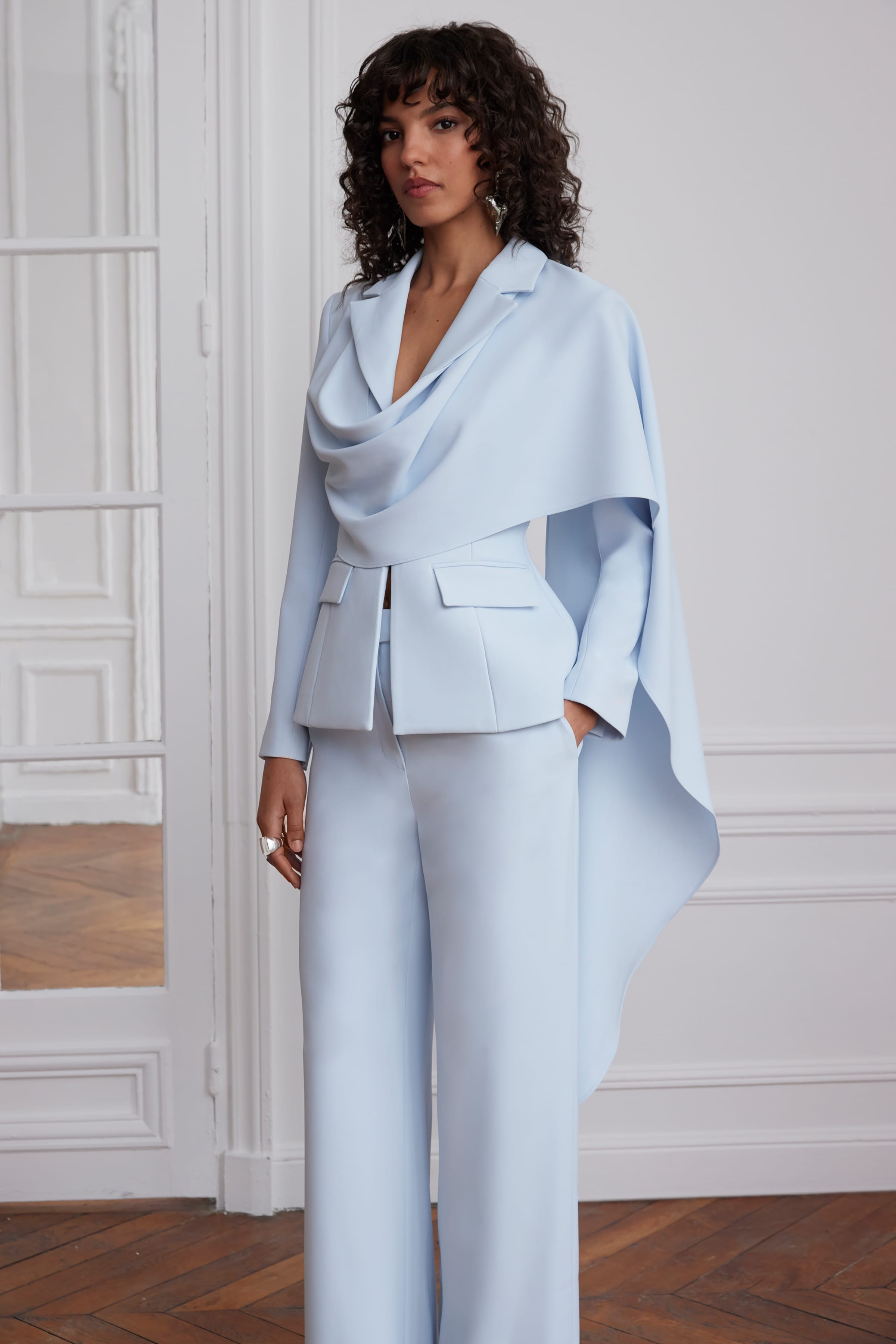 EMBER Cape Scarf Sculptured Blazer In Powder Blue