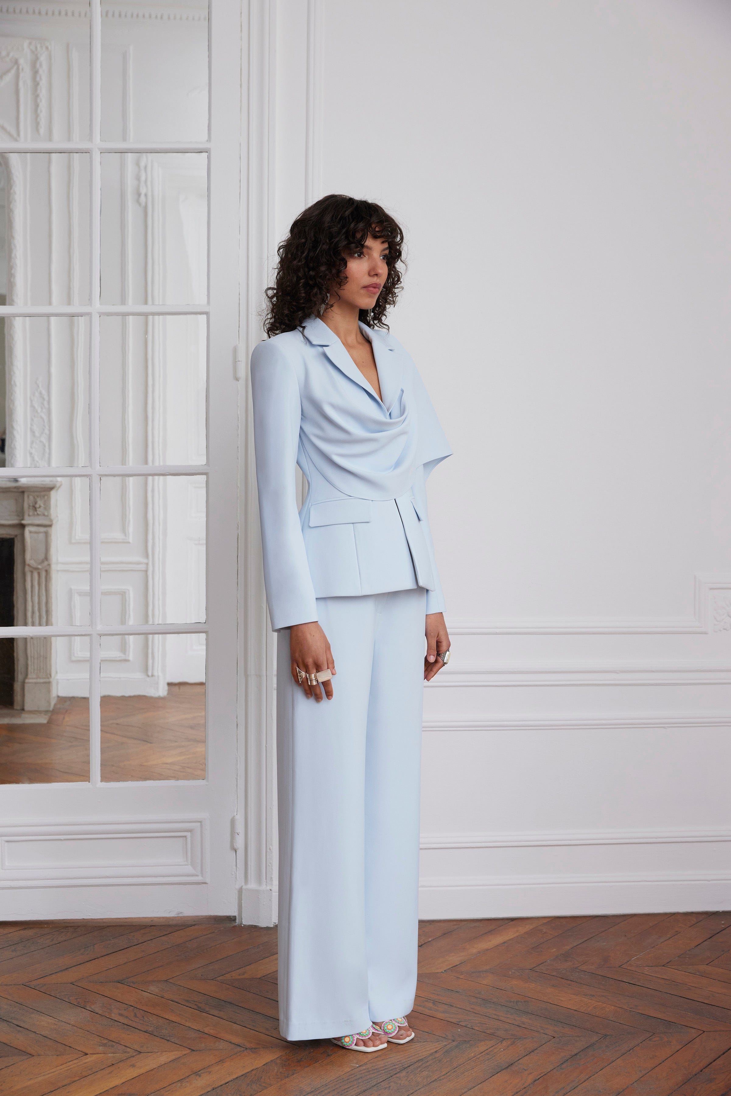 EMBER Cape Scarf Sculptured Blazer In Powder Blue