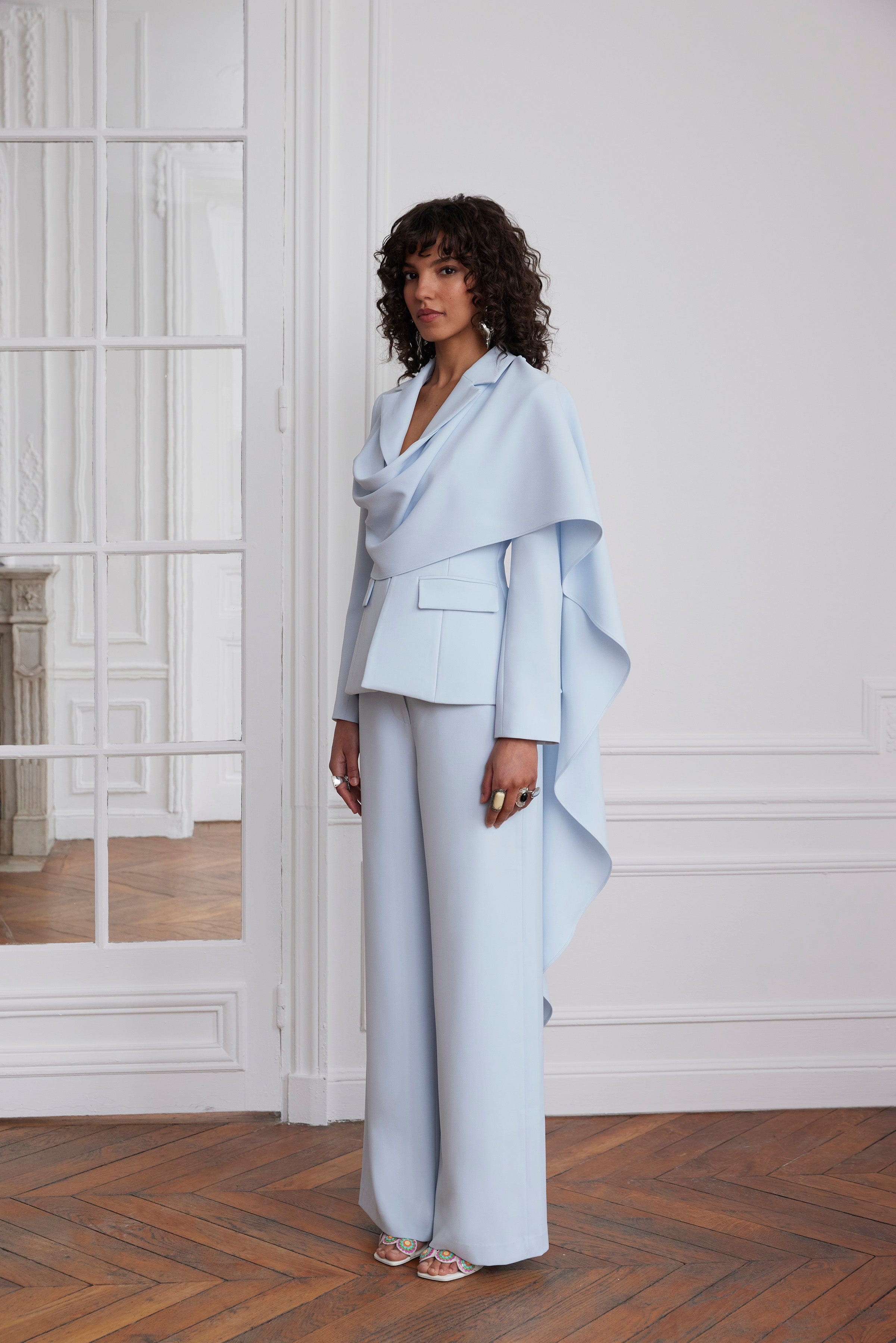 EMBER Cape Scarf Sculptured Blazer In Powder Blue