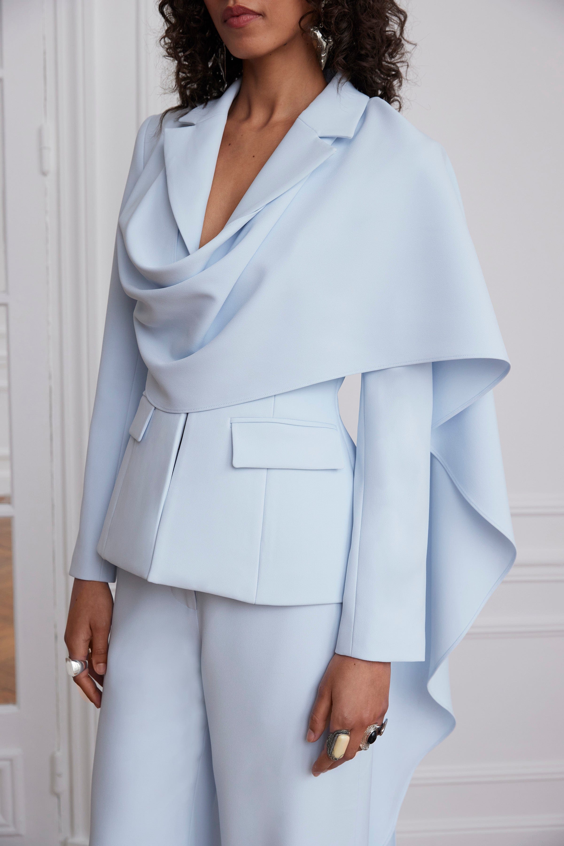 EMBER Cape Scarf Sculptured Blazer In Powder Blue