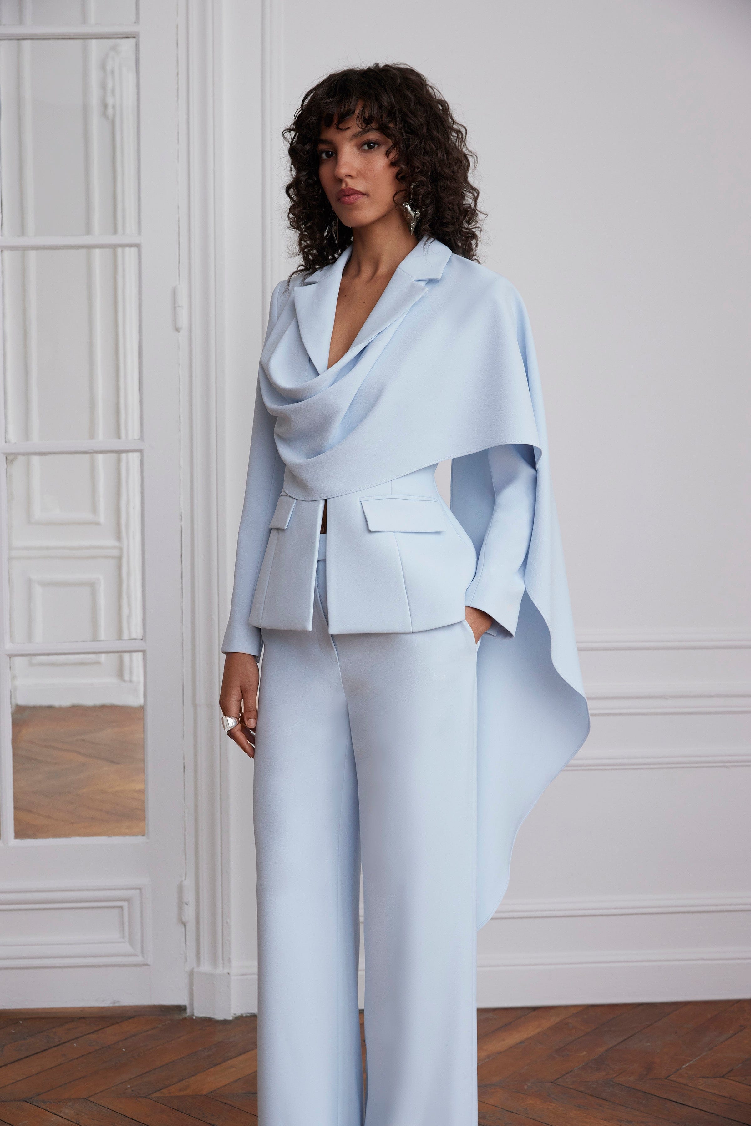 EMBER Cape Scarf Sculptured Blazer In Powder Blue
