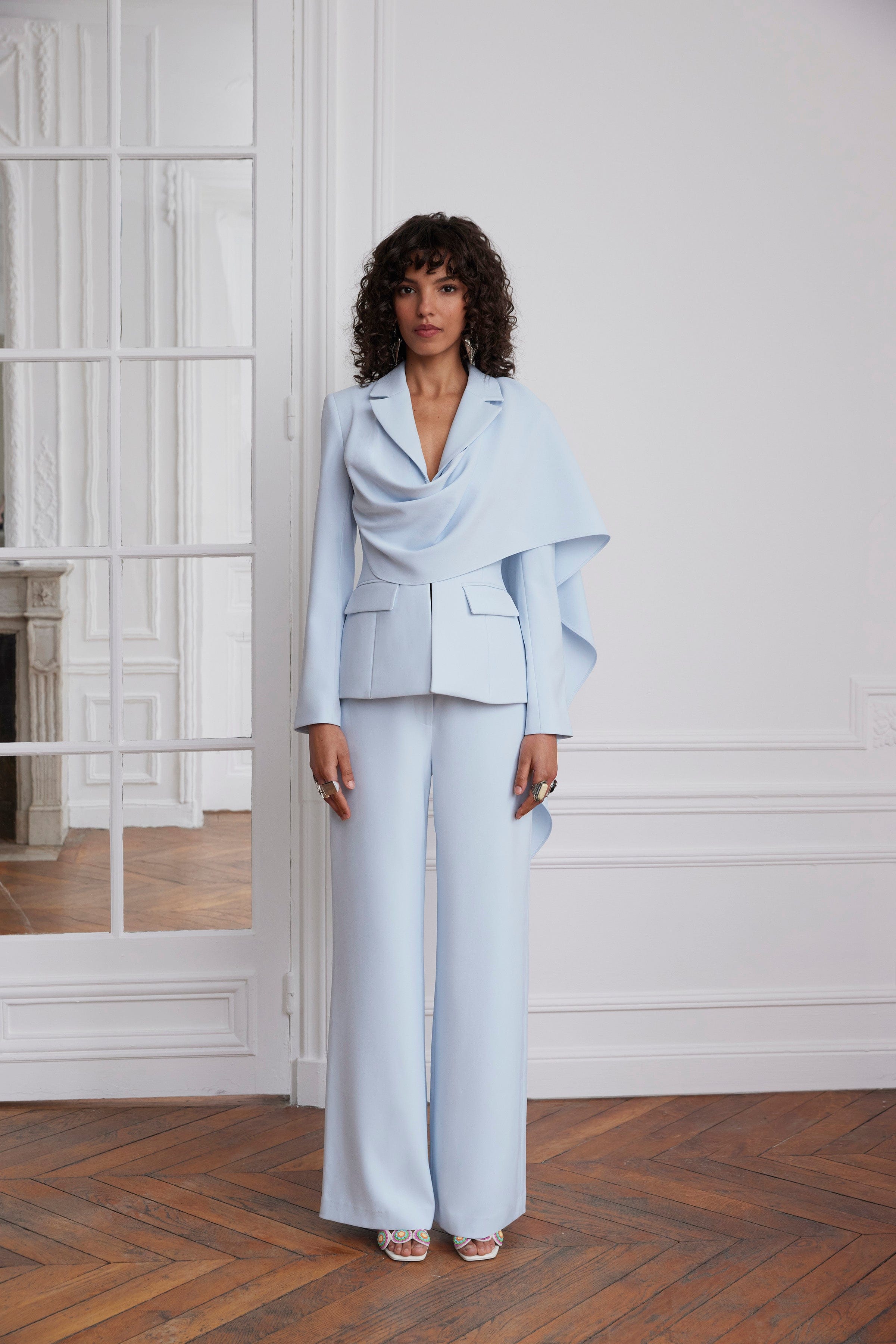 EMBER Cape Scarf Sculptured Blazer In Powder Blue