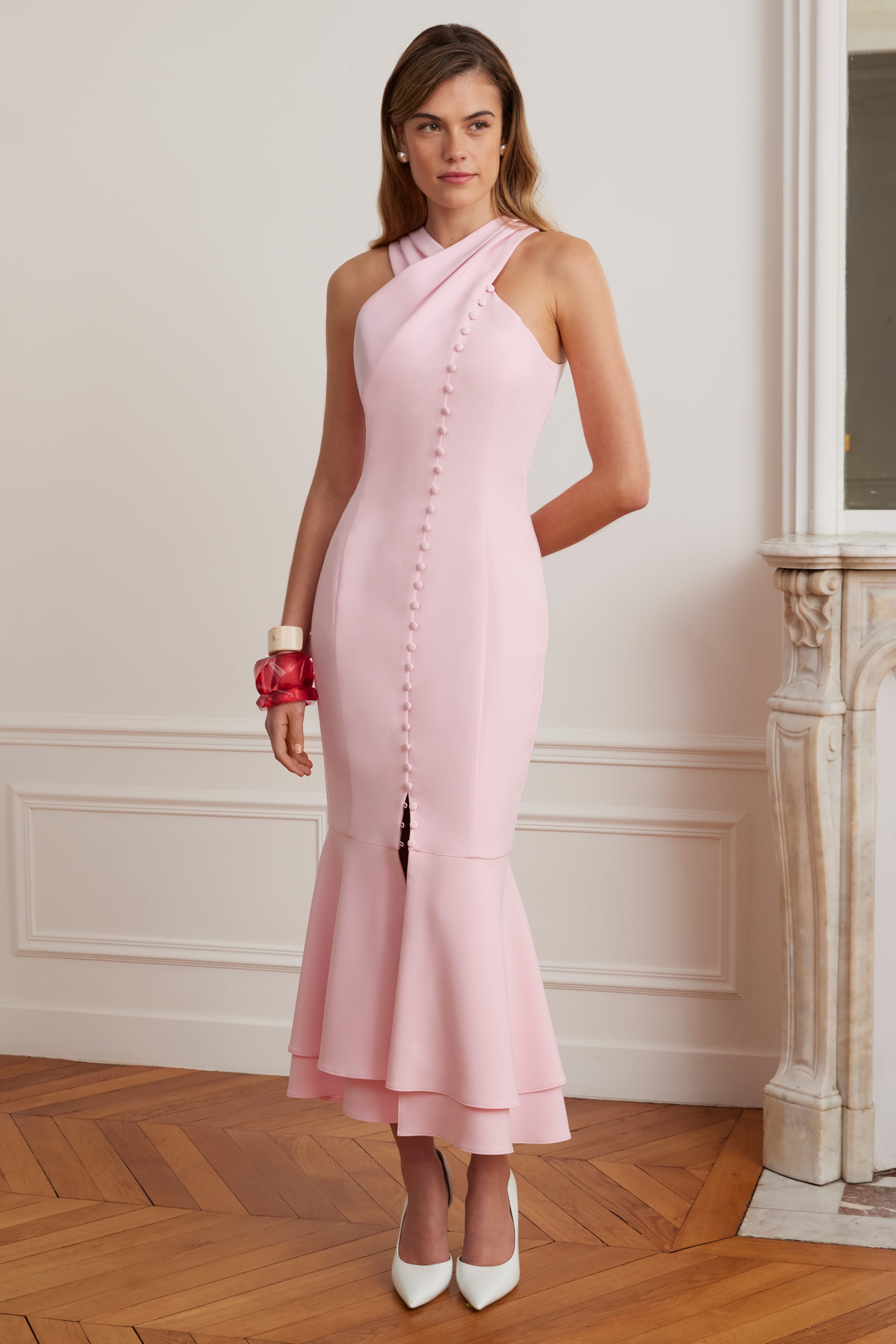 ALTHEA Cross Neck Button Through Fishtail Midi Dress In Pink