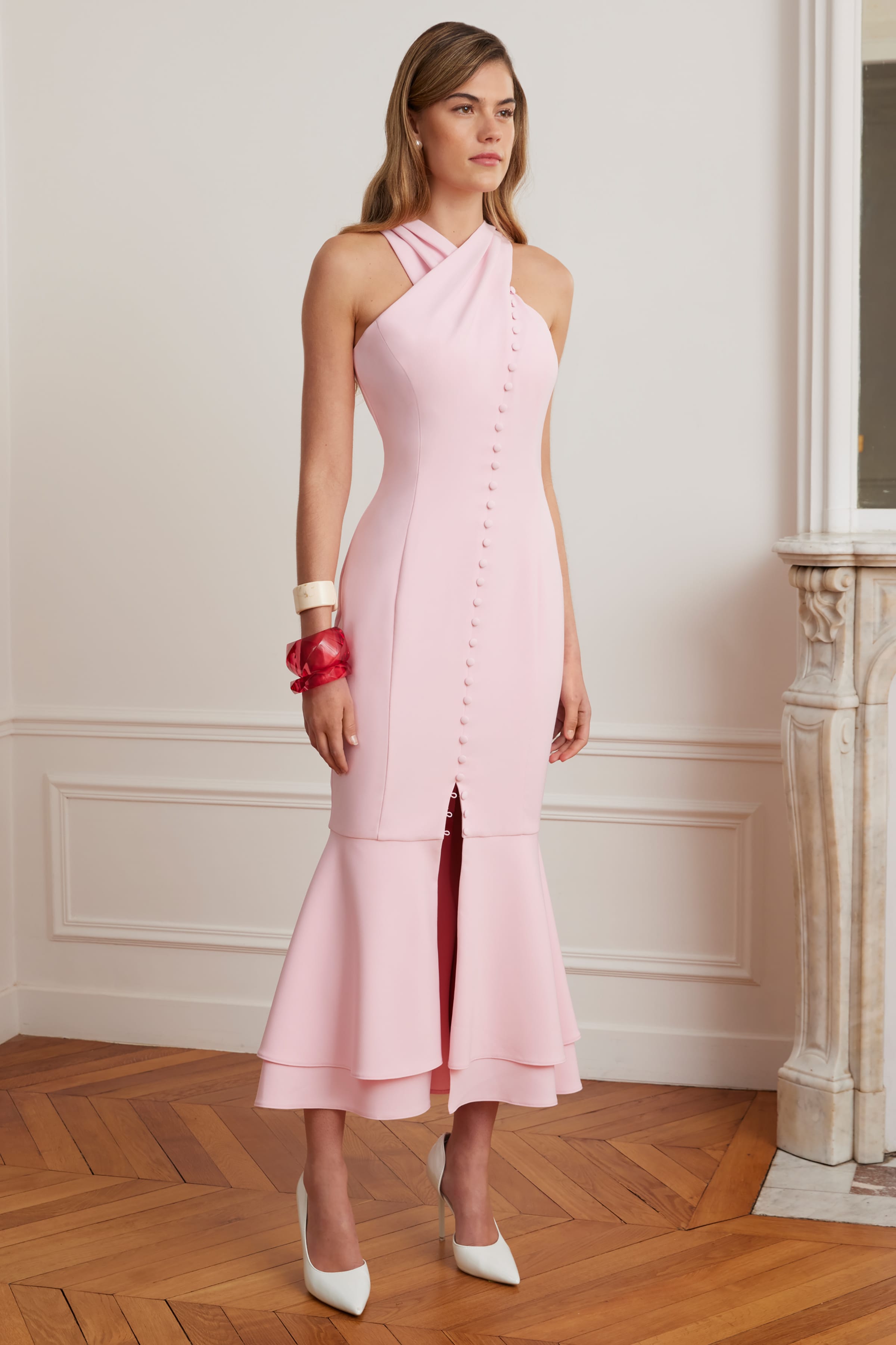 ALTHEA Cross Neck Button Through Fishtail Midi Dress In Pink