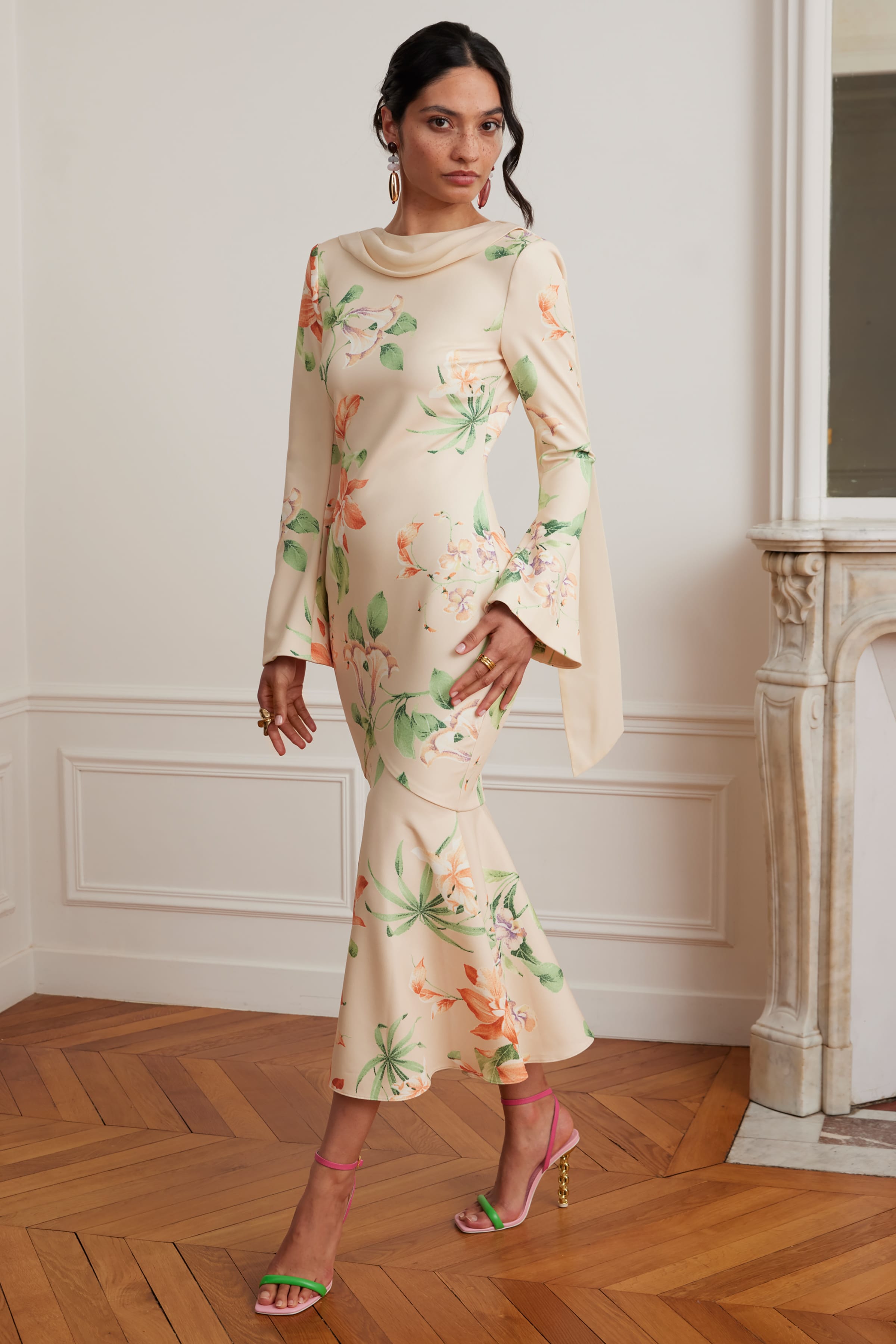 BROOKE Floral Print Fishtail Midi Dress With Chiffon Drape In Yellow