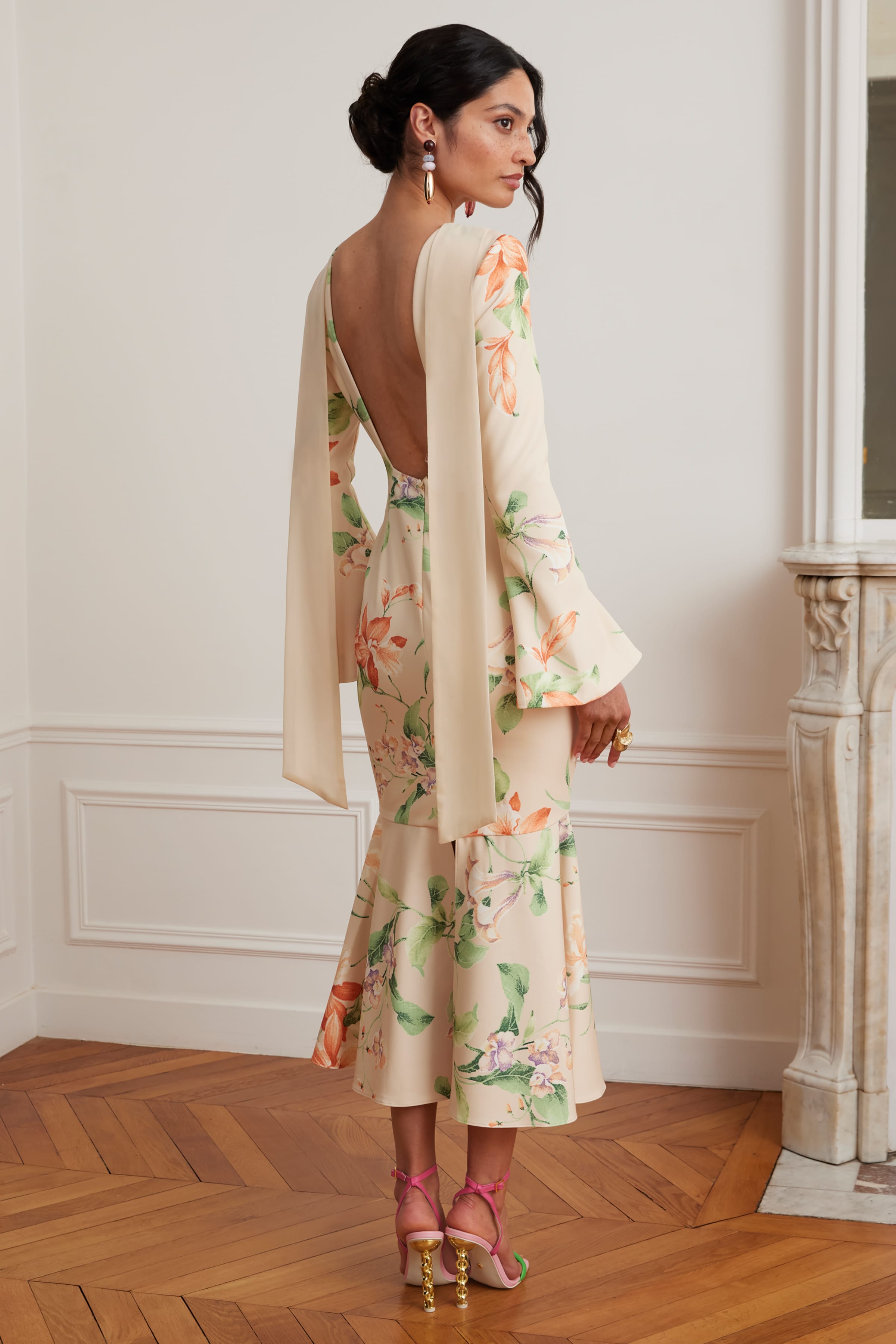 BROOKE Floral Print Fishtail Midi Dress With Chiffon Drape In Yellow