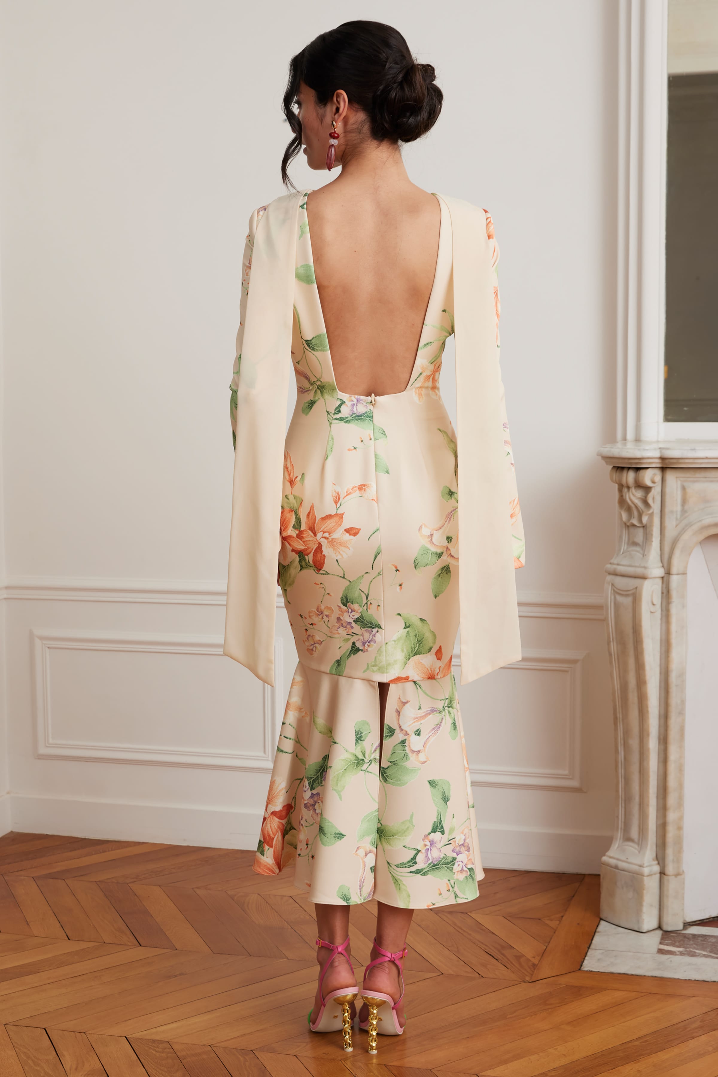 BROOKE Floral Print Fishtail Midi Dress With Chiffon Drape In Yellow