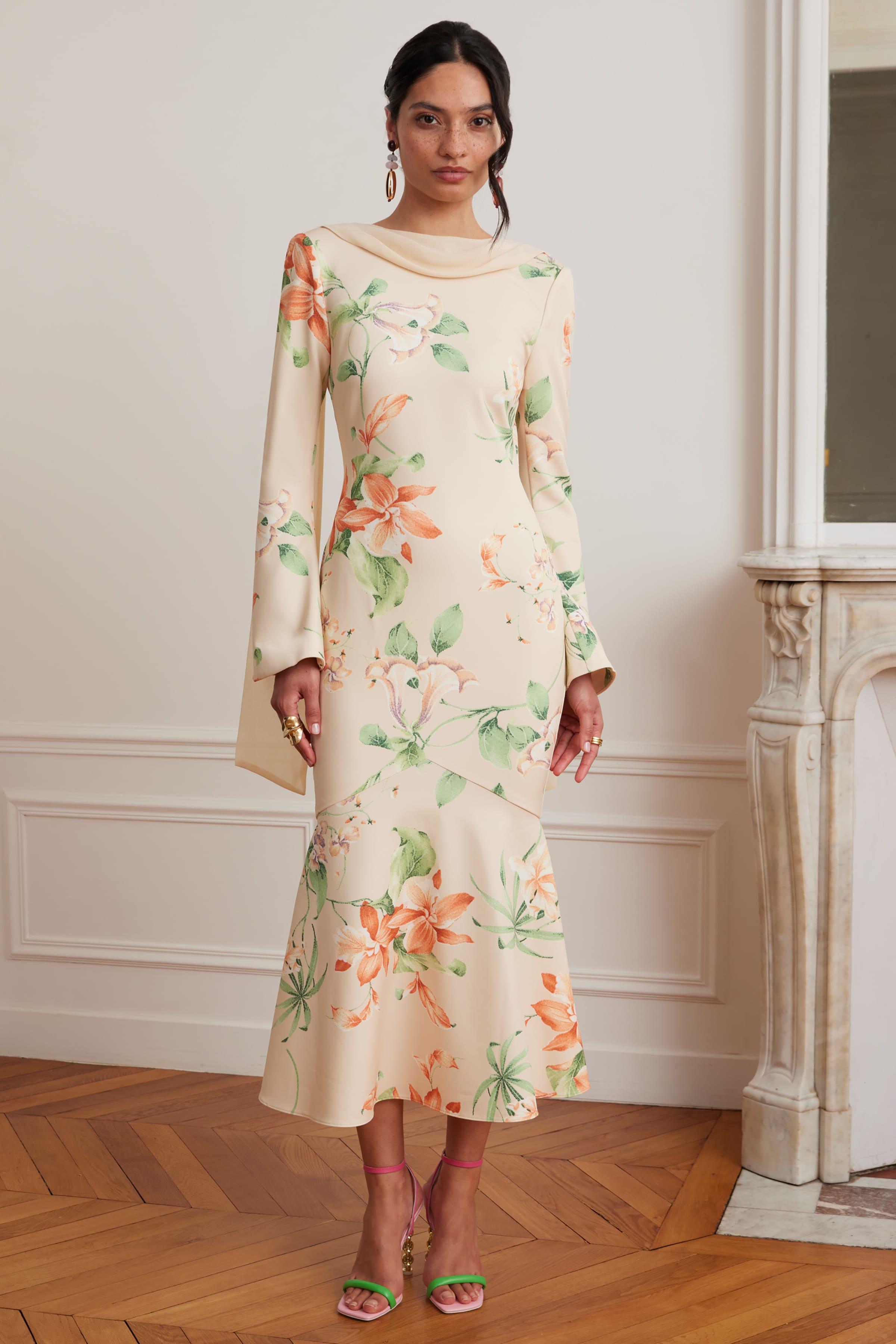 BROOKE Floral Print Fishtail Midi Dress With Chiffon Drape In Yellow