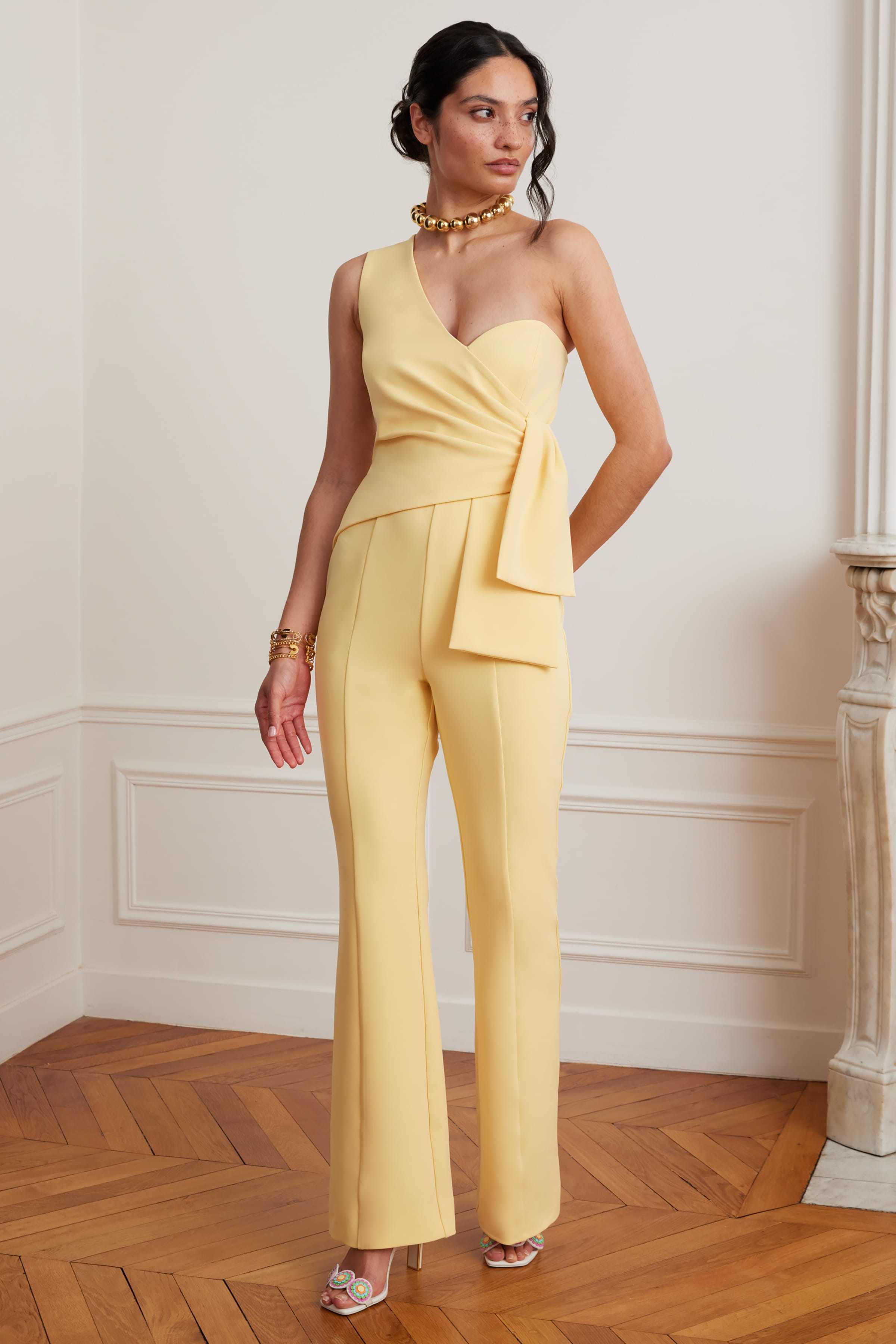 HALLIE One Shoulder Jumpsuit With Bow Detail In Yellow