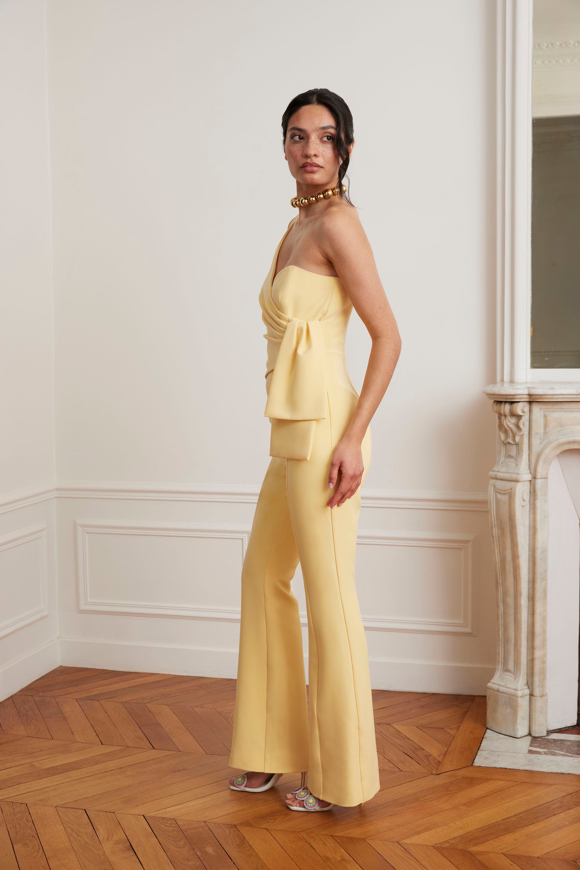 HALLIE One Shoulder Jumpsuit With Bow Detail In Yellow