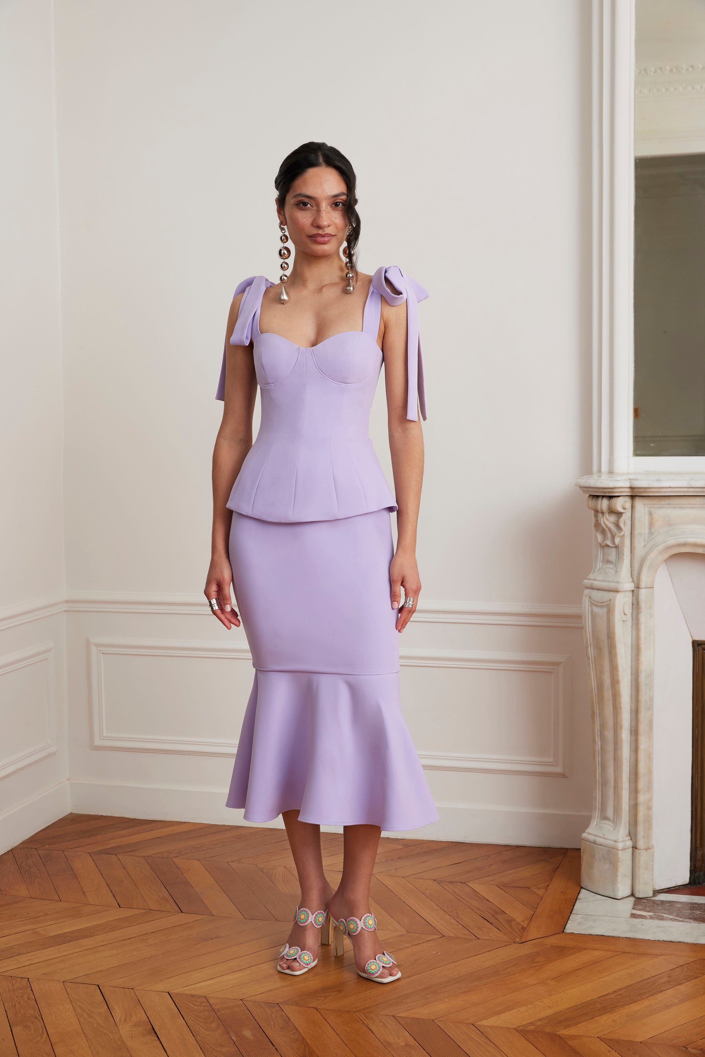 LEONA Tie Shoulder Peplum Fishtail Midi Dress In Lilac