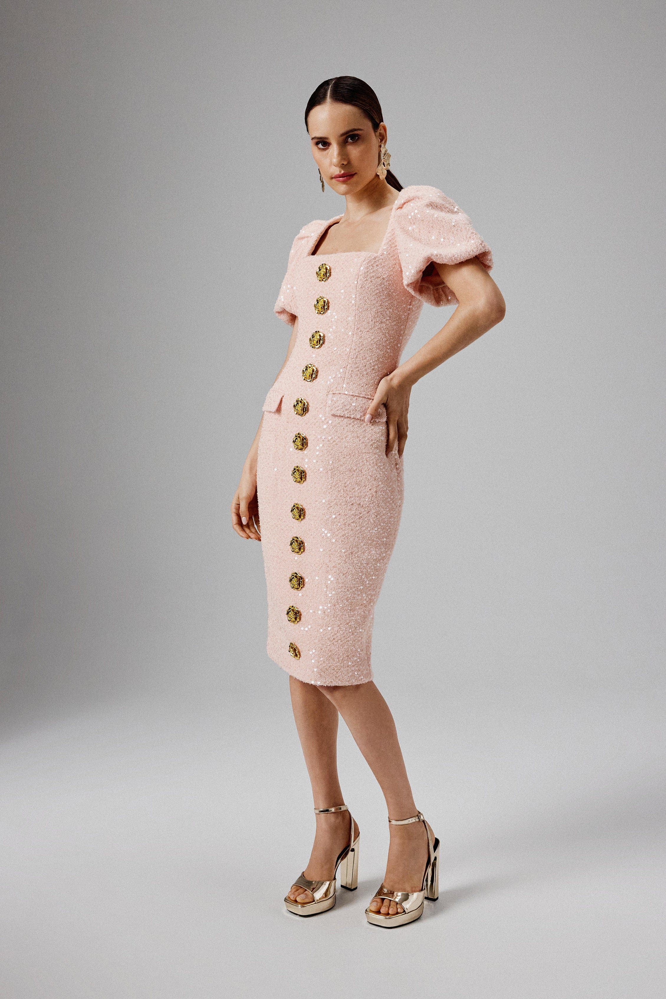 GABI Puff Sleeve Boucle Midi Dress with Rose Embellishment in Pink